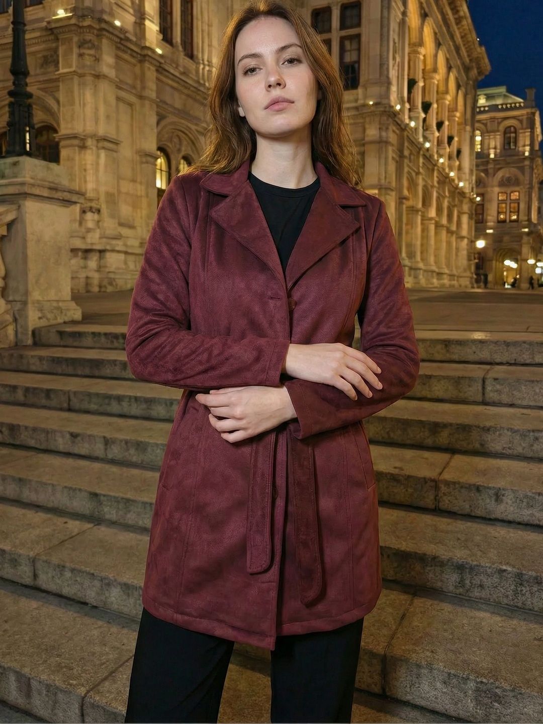 Excent Woolen Single-Breasted Notched Lapel Long Sleeves Wrap coat-image-2