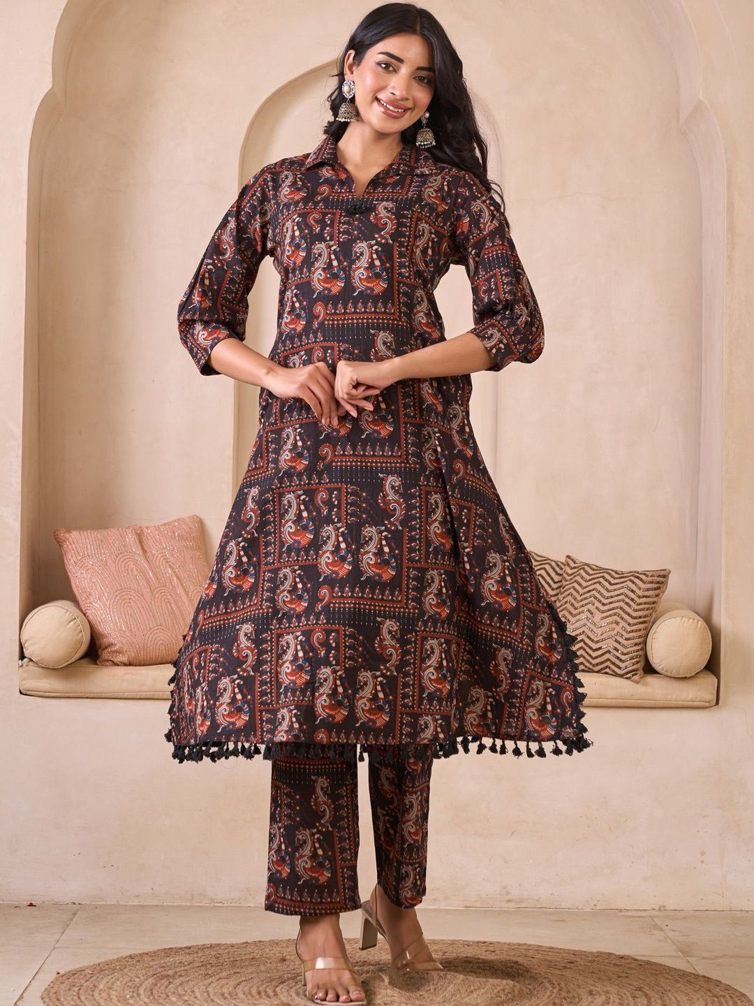 Sangria Printed Pure Cotton Shirt Collar A-Line Kurta & Trousers-picture-26