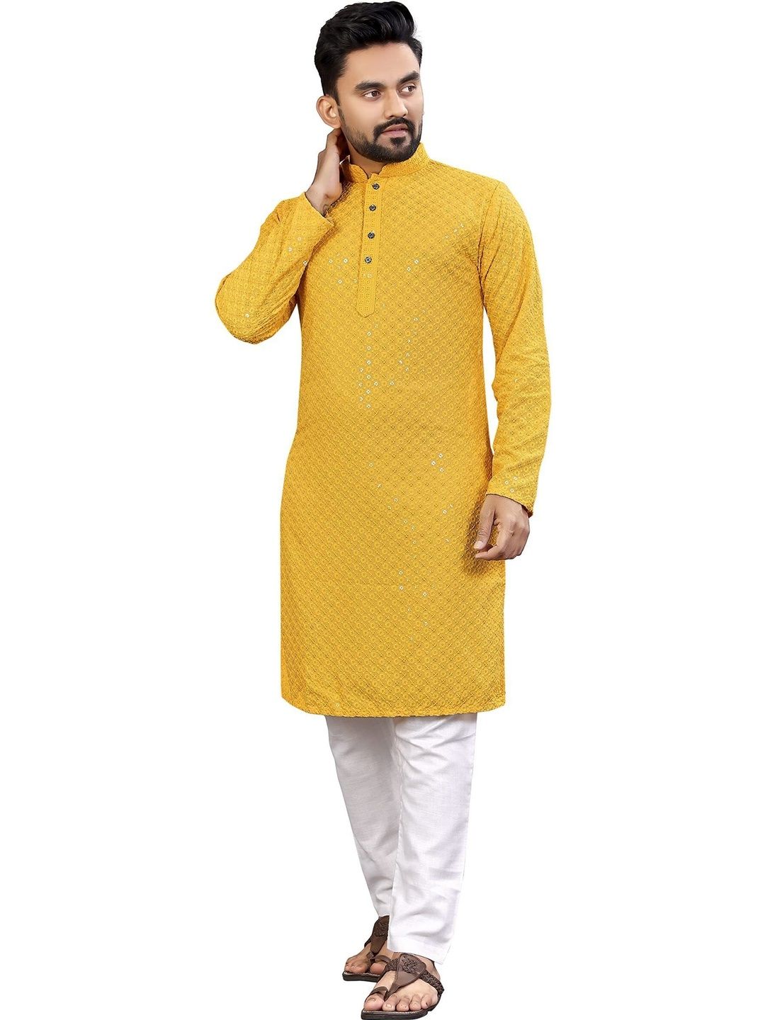 TARUNCOLLECTION Men Embellished Mirror Work Handloom Kurta-picture-37