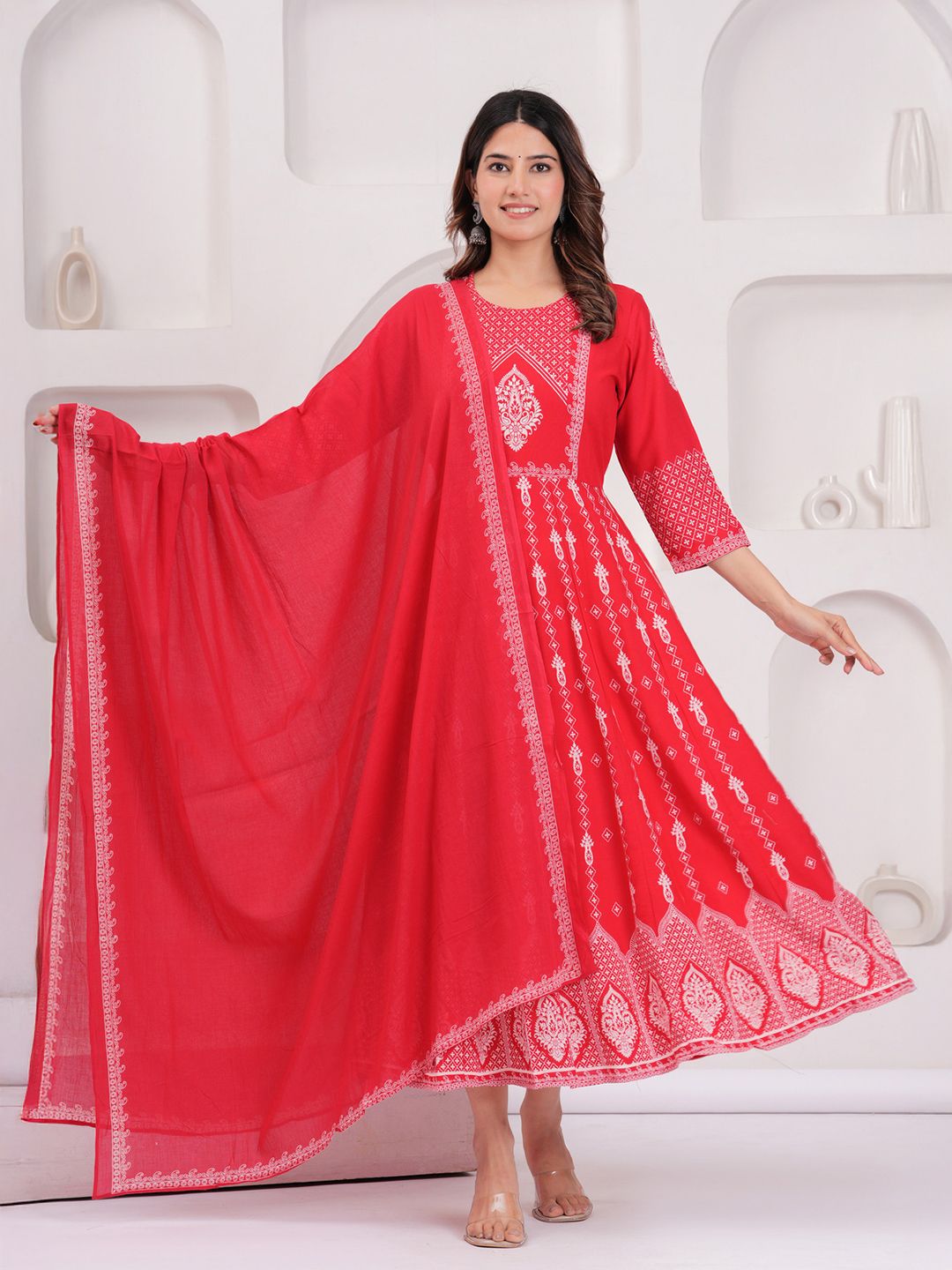 HERE&NOW Women Red Ethnic Motifs Printed Indie Prints Anarkali Kurta with Dupatta-picture-30
