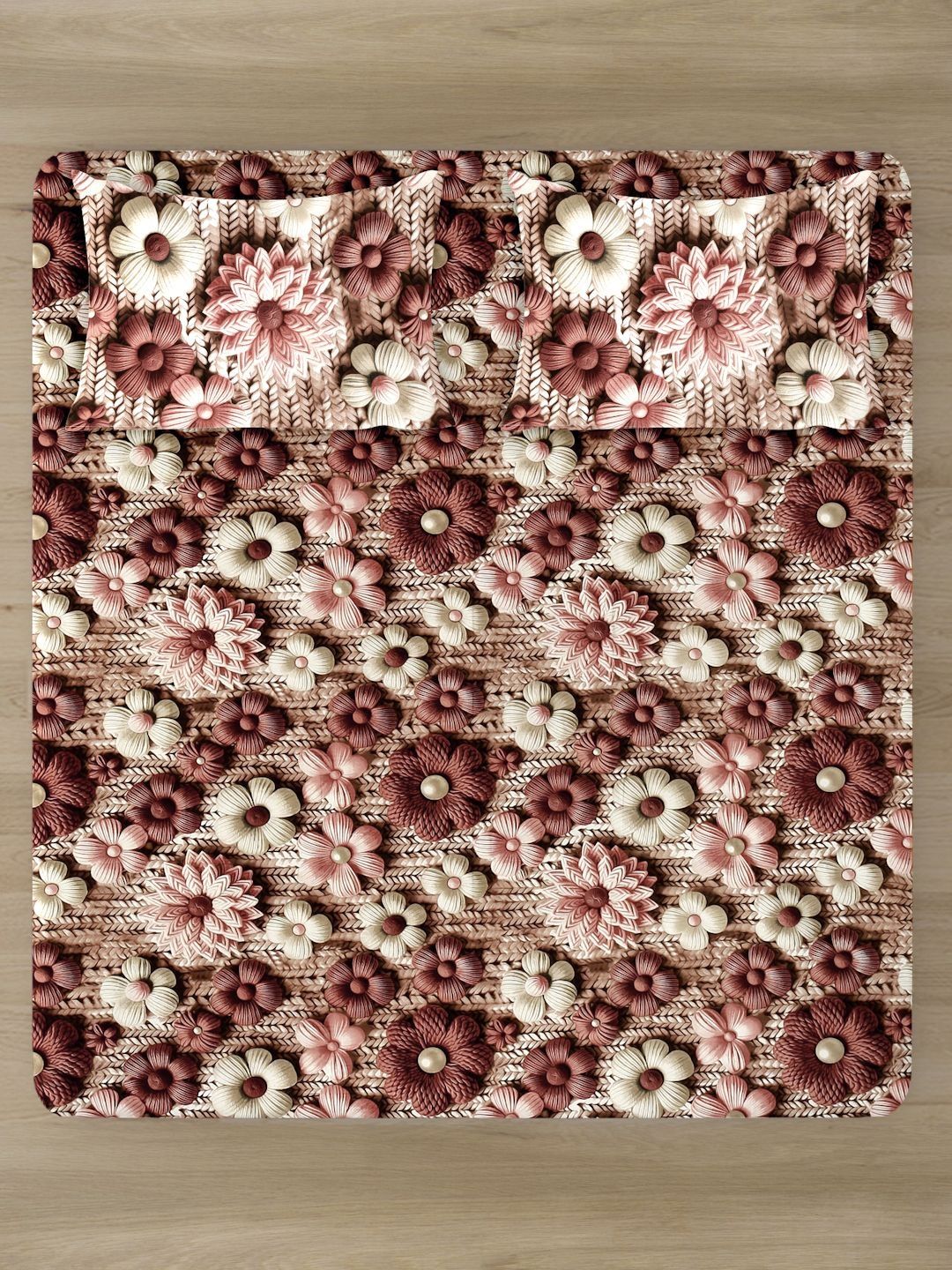 KLOTTHE Brown Floral 7D 400TC King Superfine Bedsheet & 2 Pillow Covers-98 Inch x 88 Inch-picture-18