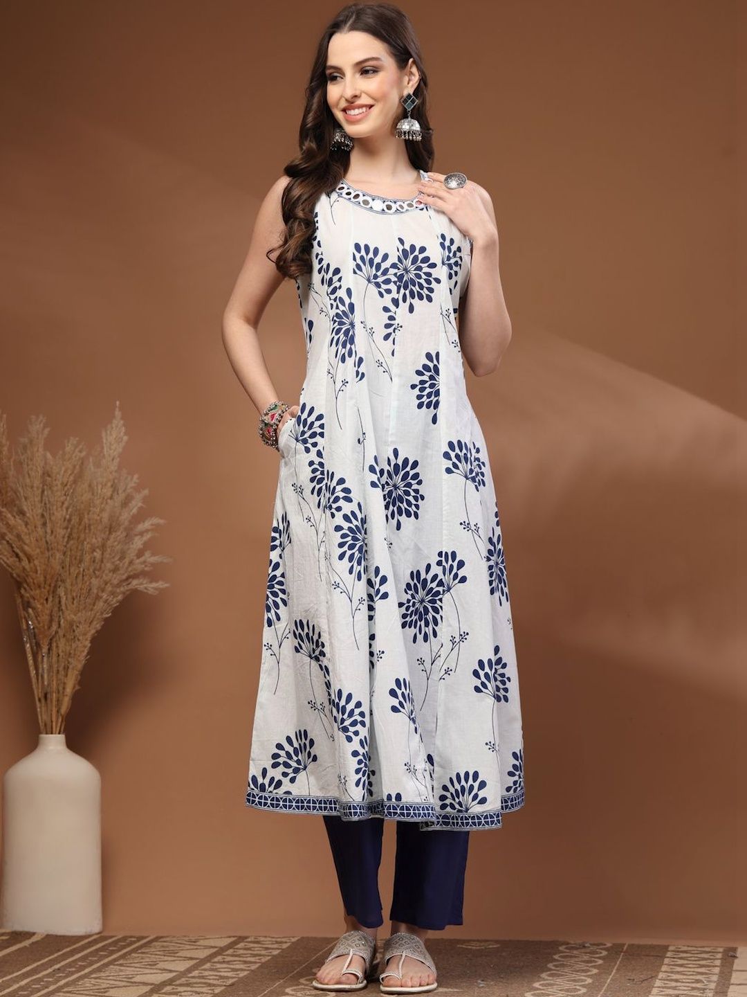 HERE&NOW Women Floral Printed Panelled Mirror Work Pure Cotton Kurta with Trousers-picture-36