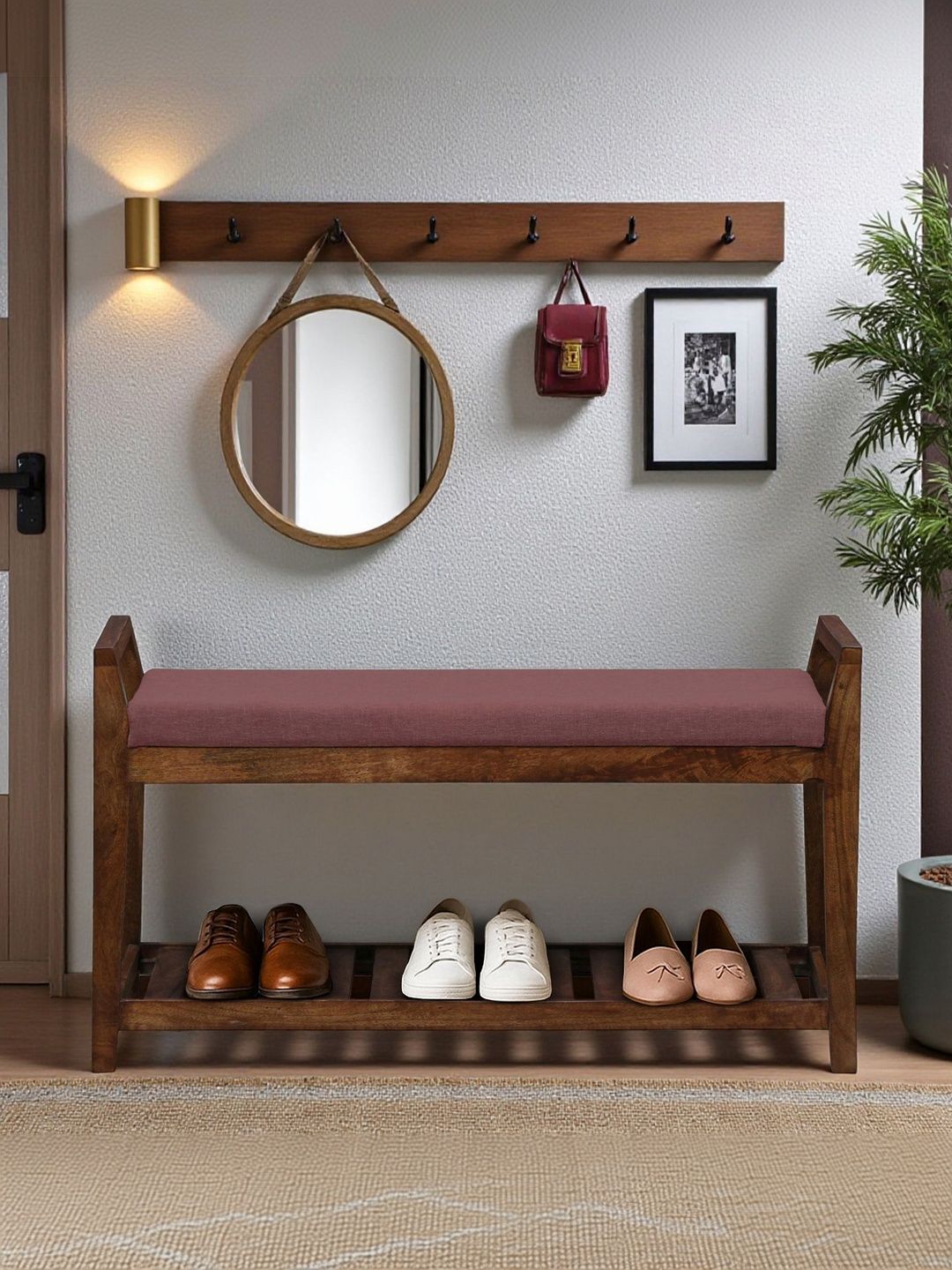 BENE DECOR Pink & Brown Mango Wood Bench With Cushion-picture-56