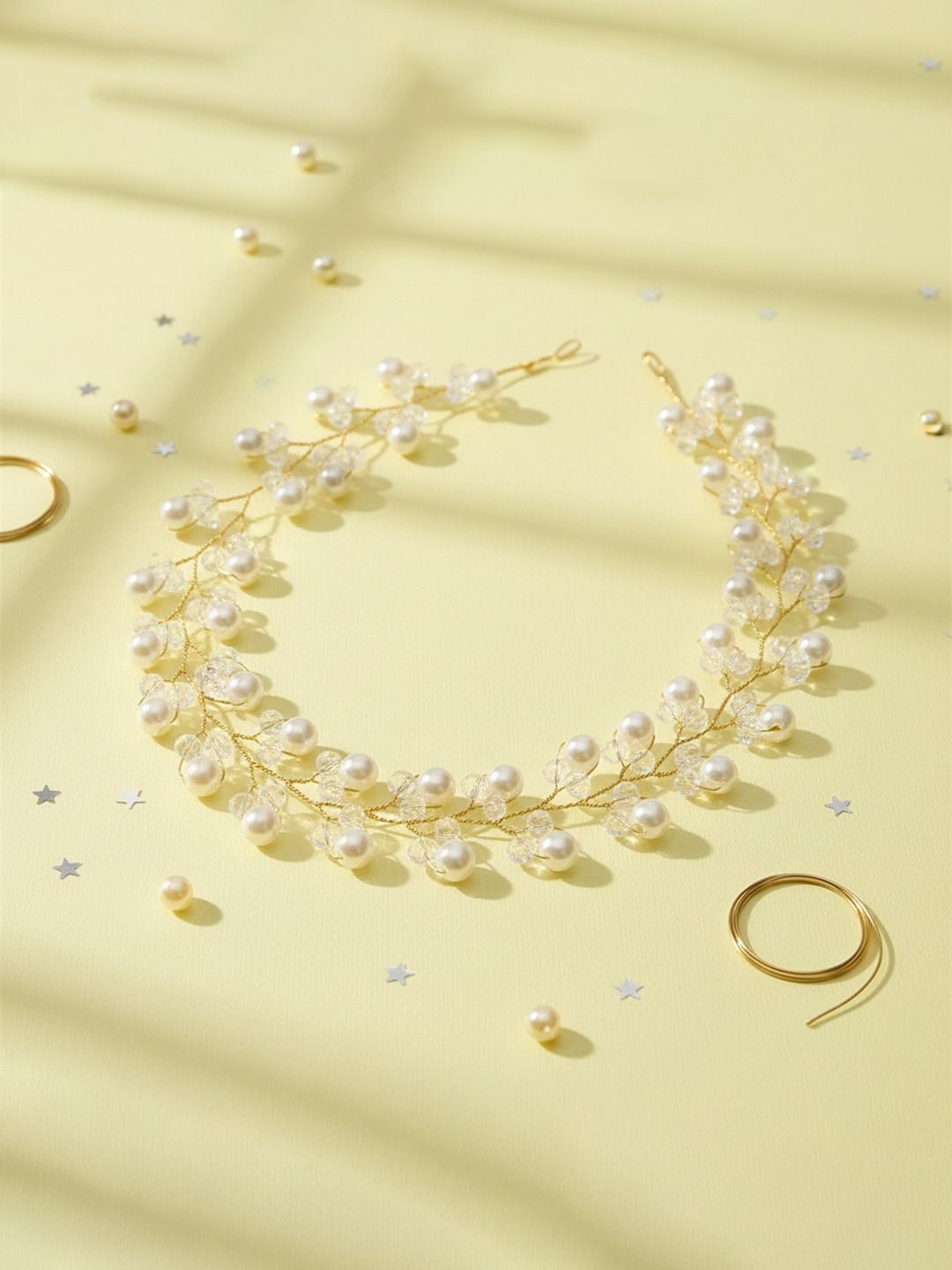 Krelin Bridal Pearl & Crystal Beaded Floral Hair Veni with Gold Wire Detailing-image-14