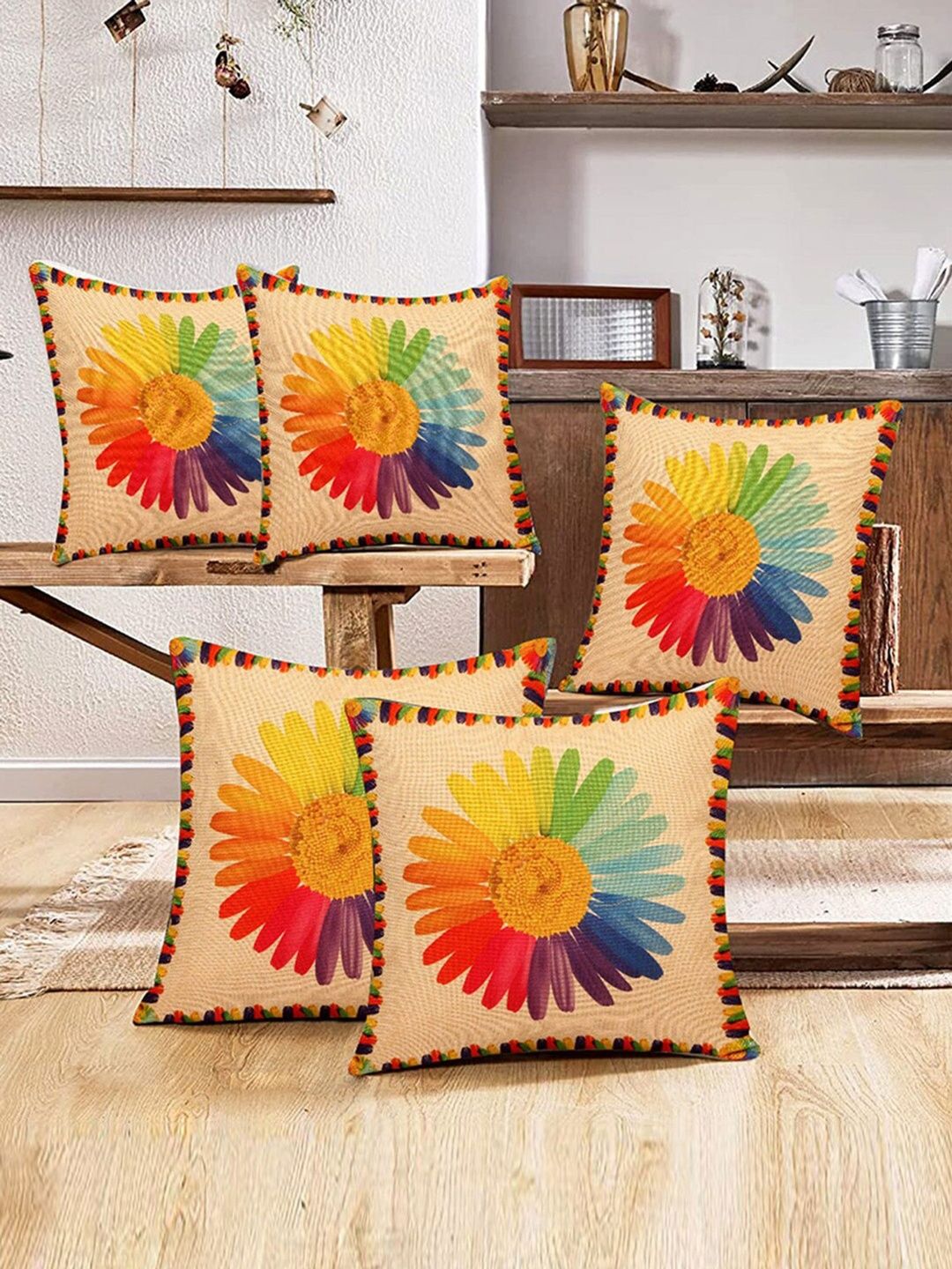 HOMESTIC Multicoloured Set of 5 Floral Square Cushion Covers-picture-31