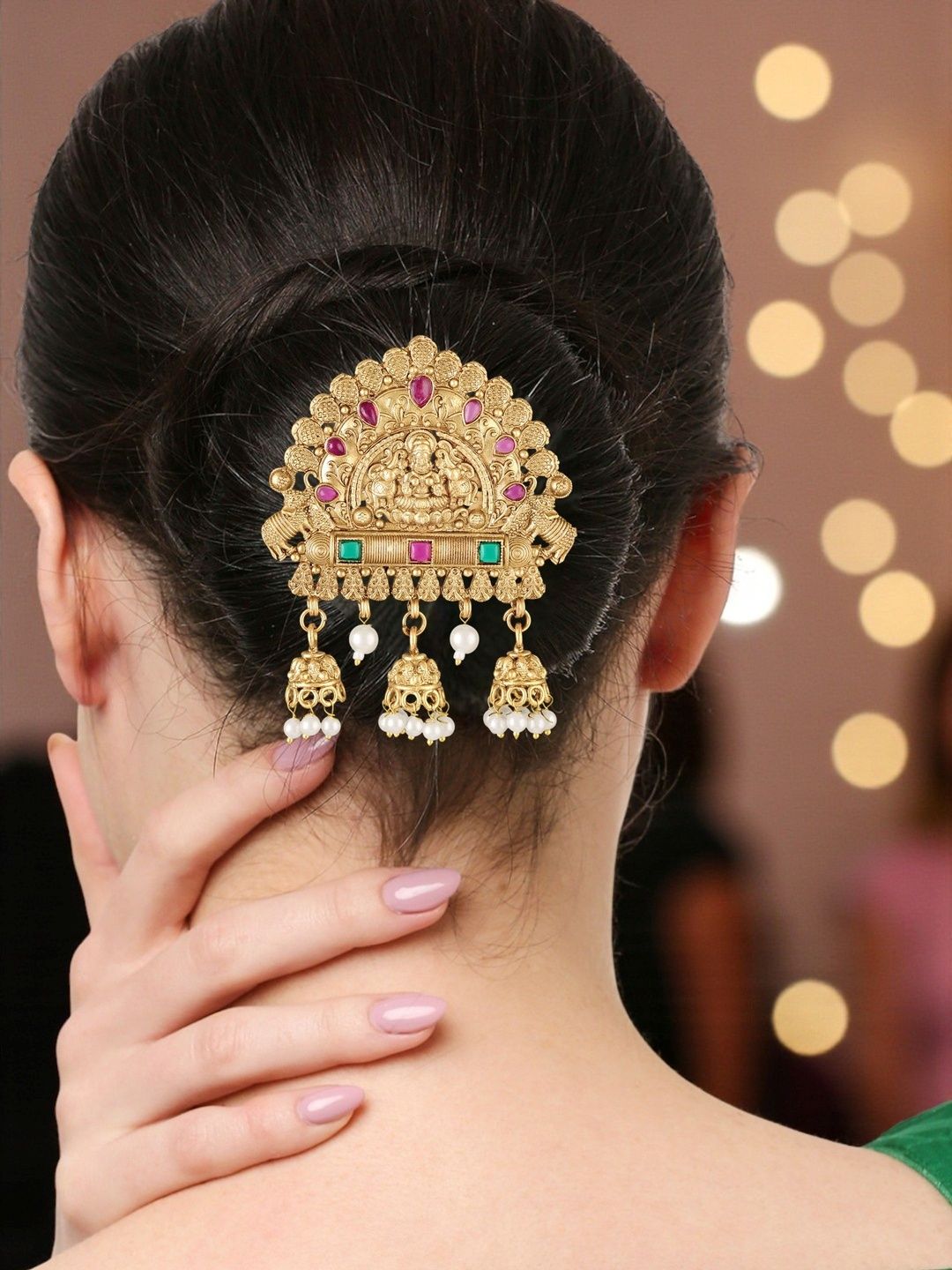 OOMPH Artificial Stones and Beads Studded Bun Pin Head Jewellery-image-6
