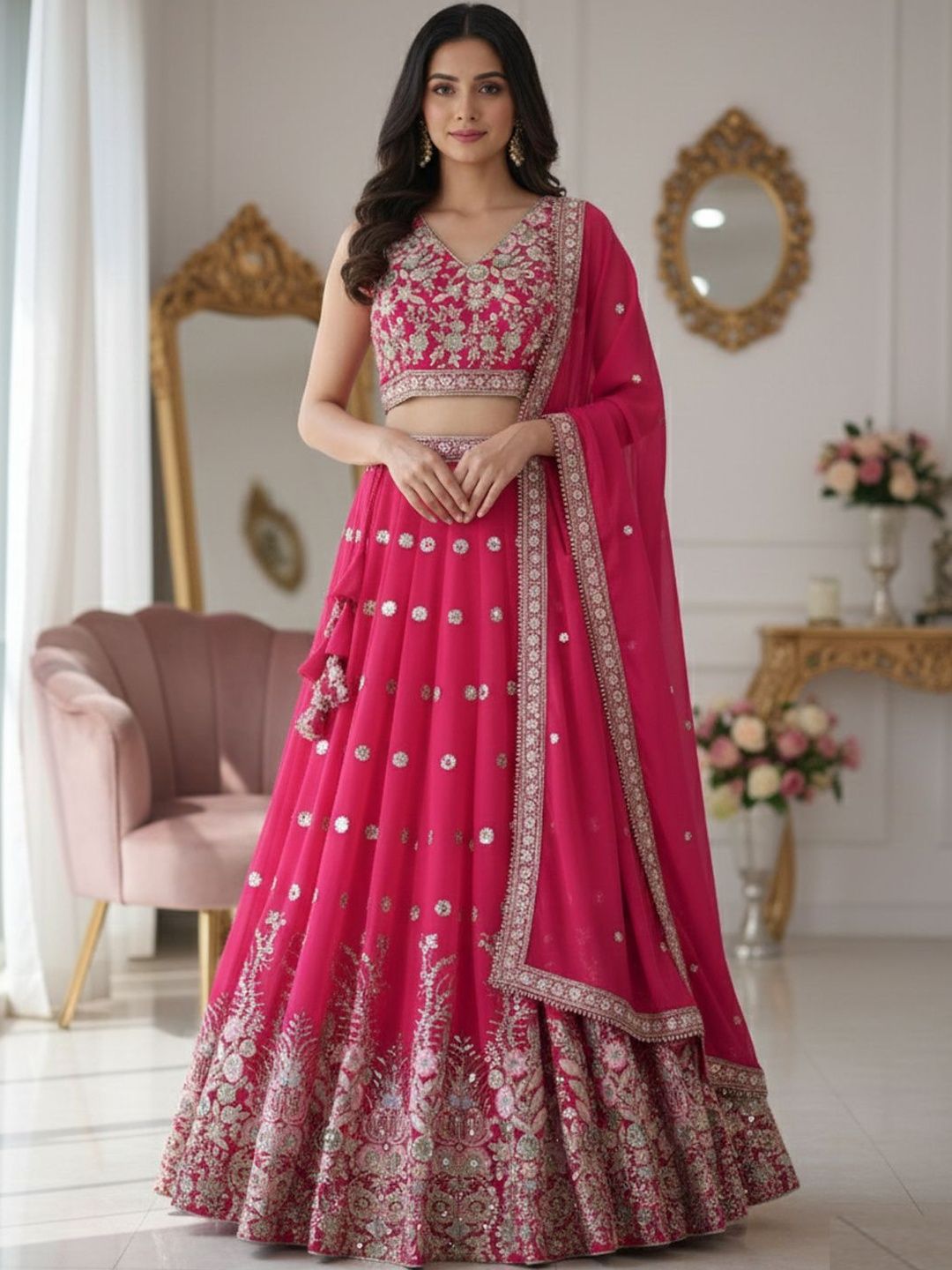 TIKODI Embroidered Sequinned Semi-Stitched Lehenga & Unstitched Blouse With Dupatta-picture-29