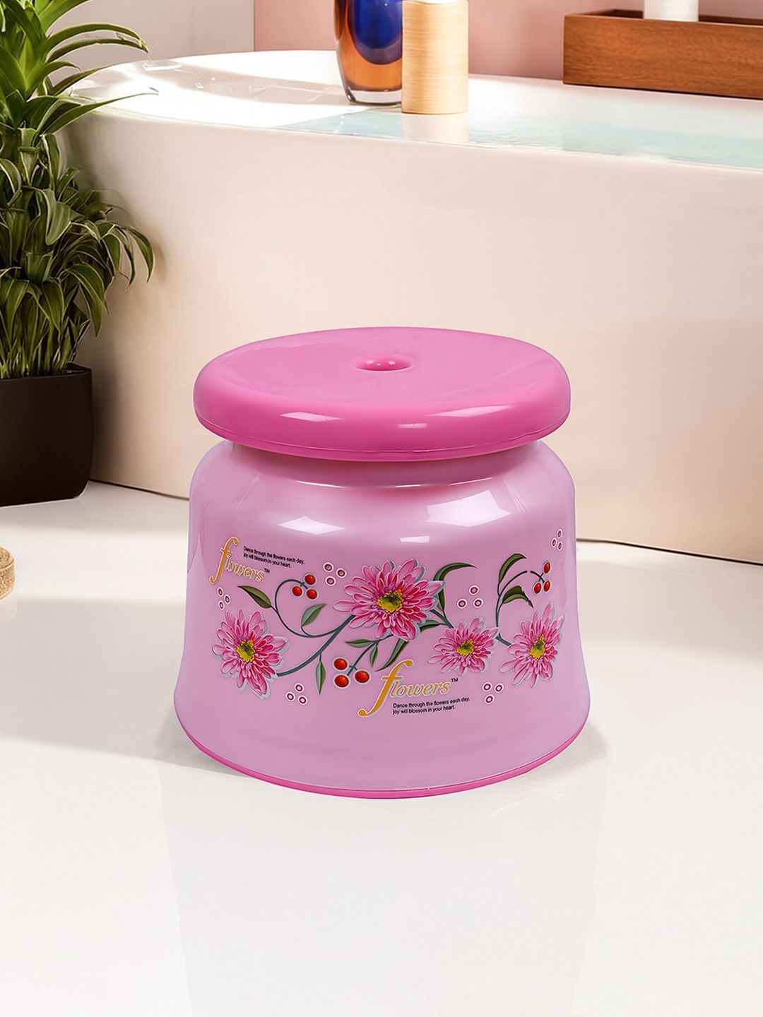 Kuber Industries Pink & Green Flower-Printed Lightweight Bath Stools-picture-12