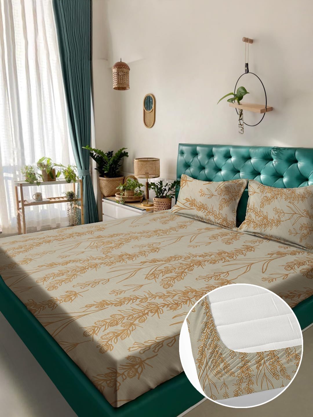 Myntra Elegant Homes Beige Floral 180 TC King Bedsheet with 2 Pillow Covers-picture-22