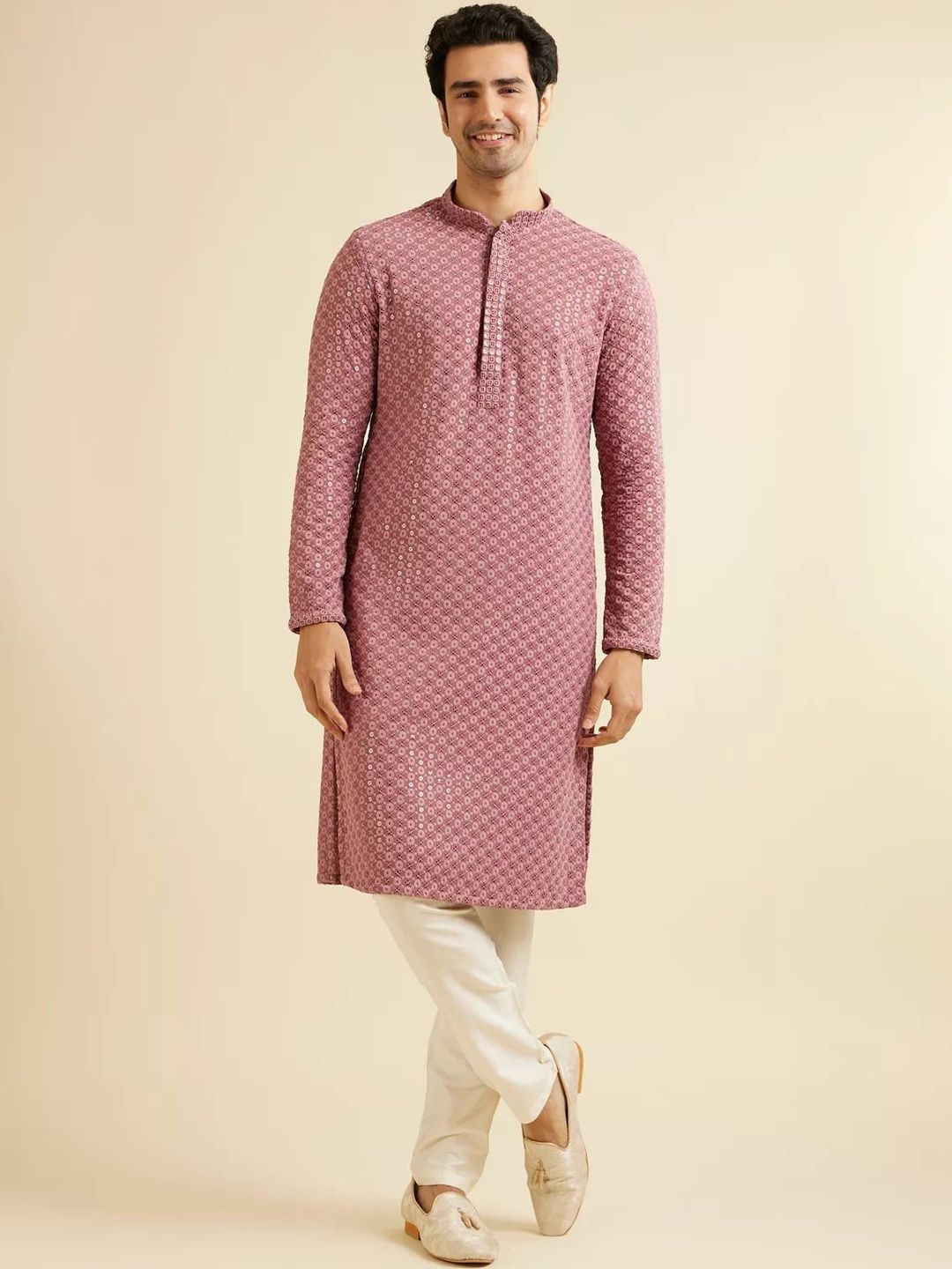 VINAYAK COTSYN KURTA PYJAMA Men Ethnic Motifs Embroidered Regular Sequinned Kurta with Pyjamas-picture-51