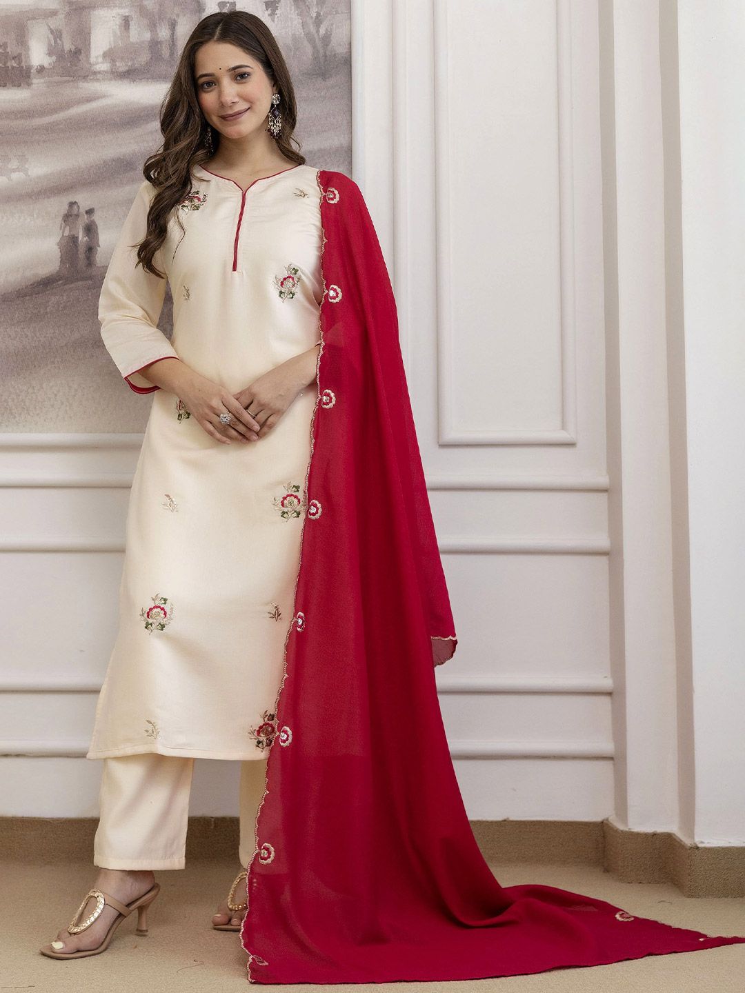 KALINI Women Ethnic Motifs Embroidered Regular Sequinned Chanderi Silk Kurta with Trousers & With Dupatta-picture-38