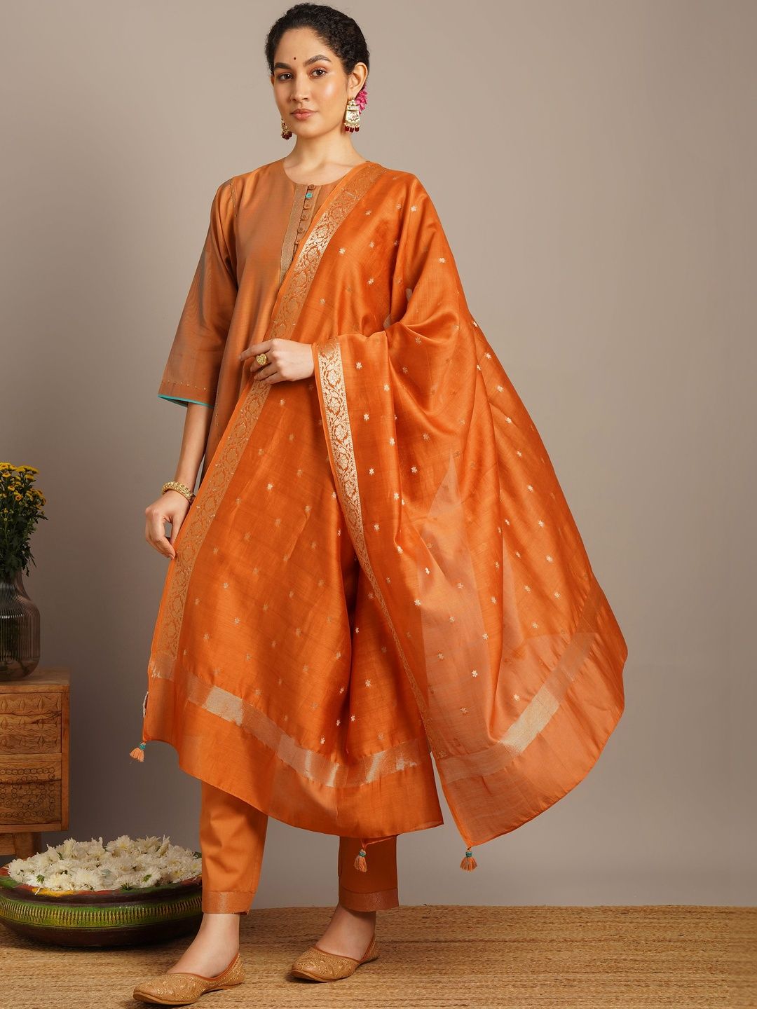JAYPORE Woven Design Cotton Silk Dupatta with Thread Work-picture-22