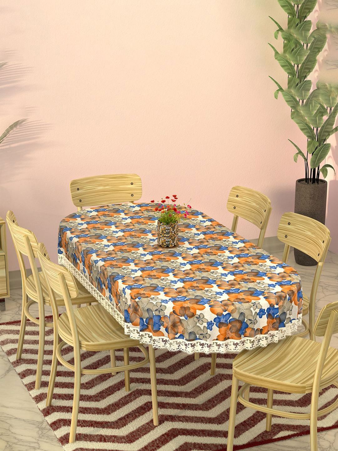 HOMESTIC White Floral Anti-Slip Oval 6-Seater Table Cover-picture-32