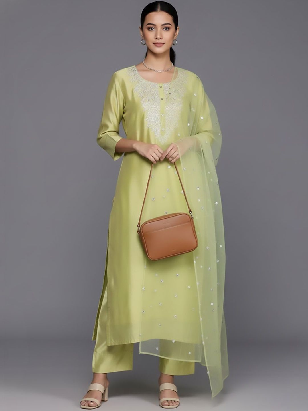 Varanga Women Ethnic Motifs Embroidered Regular Sequinned Chanderi Silk Kurta with Trousers & With Dupatta-picture-15