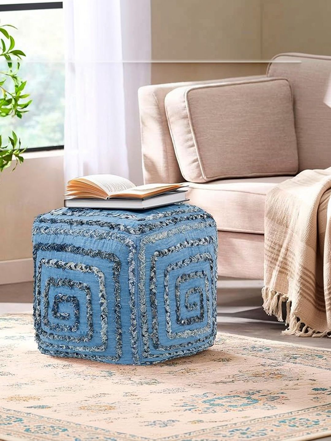 PLIVANA Blue Printed Cotton Square Ottomans-image-25
