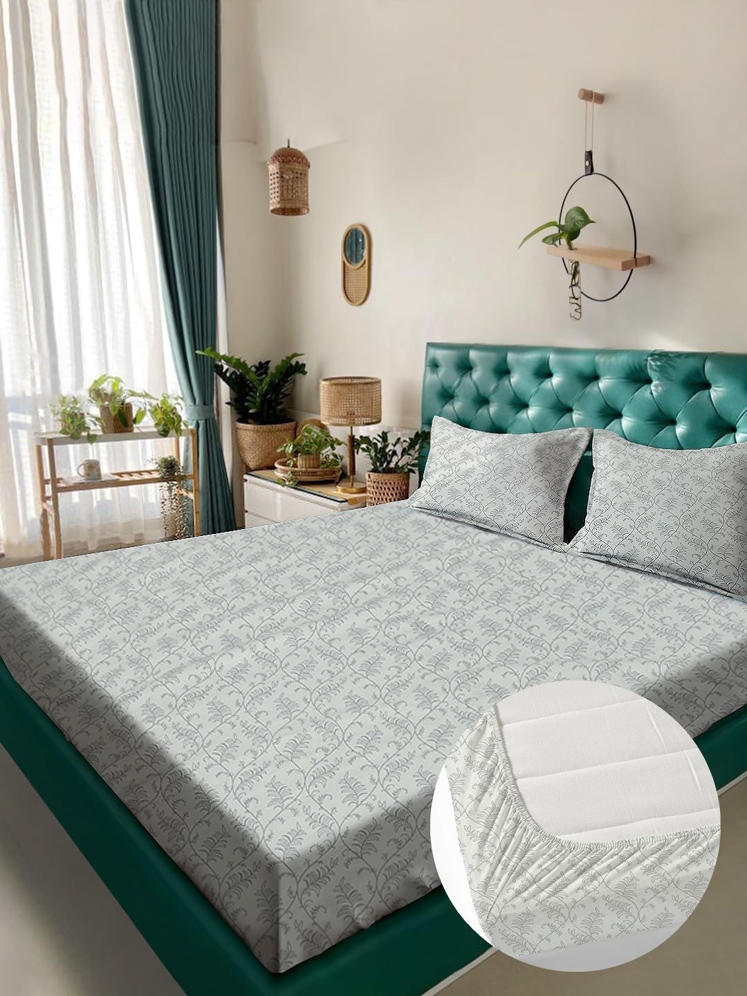 Myntra Elegant Homes White Floral 180 TC King Bedsheet with 2 Pillow Covers-picture-41