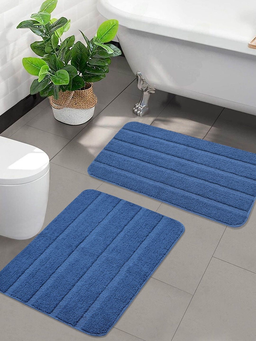 Saral Home 2Pcs Blue Striped 1300 GSM Microfibre Anti-Skid Bath Rugs-image-30