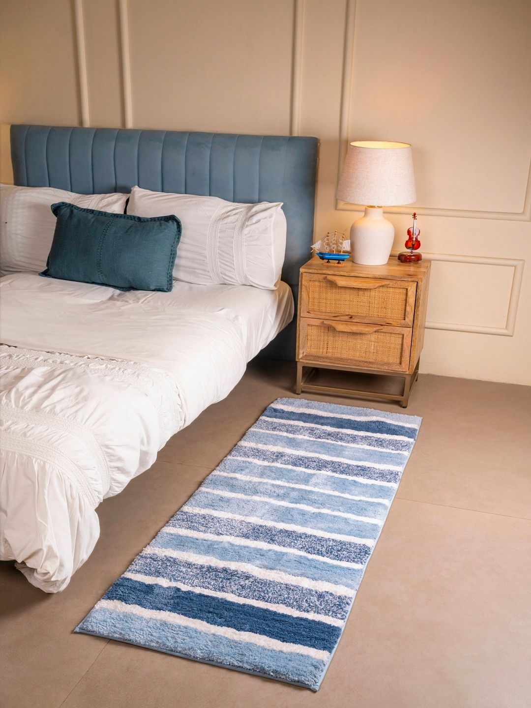 RALIA HOMES White & Blue Striped Anti-Skid Bedside Floor Runner-picture-15