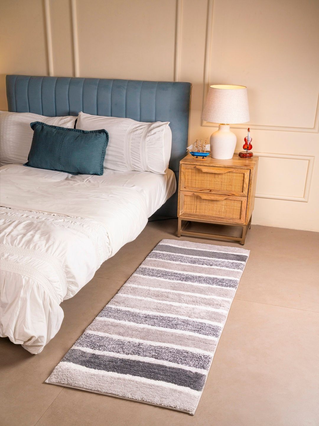 RALIA HOMES White & Grey Striped Anti-Skid Bedside Floor Runner