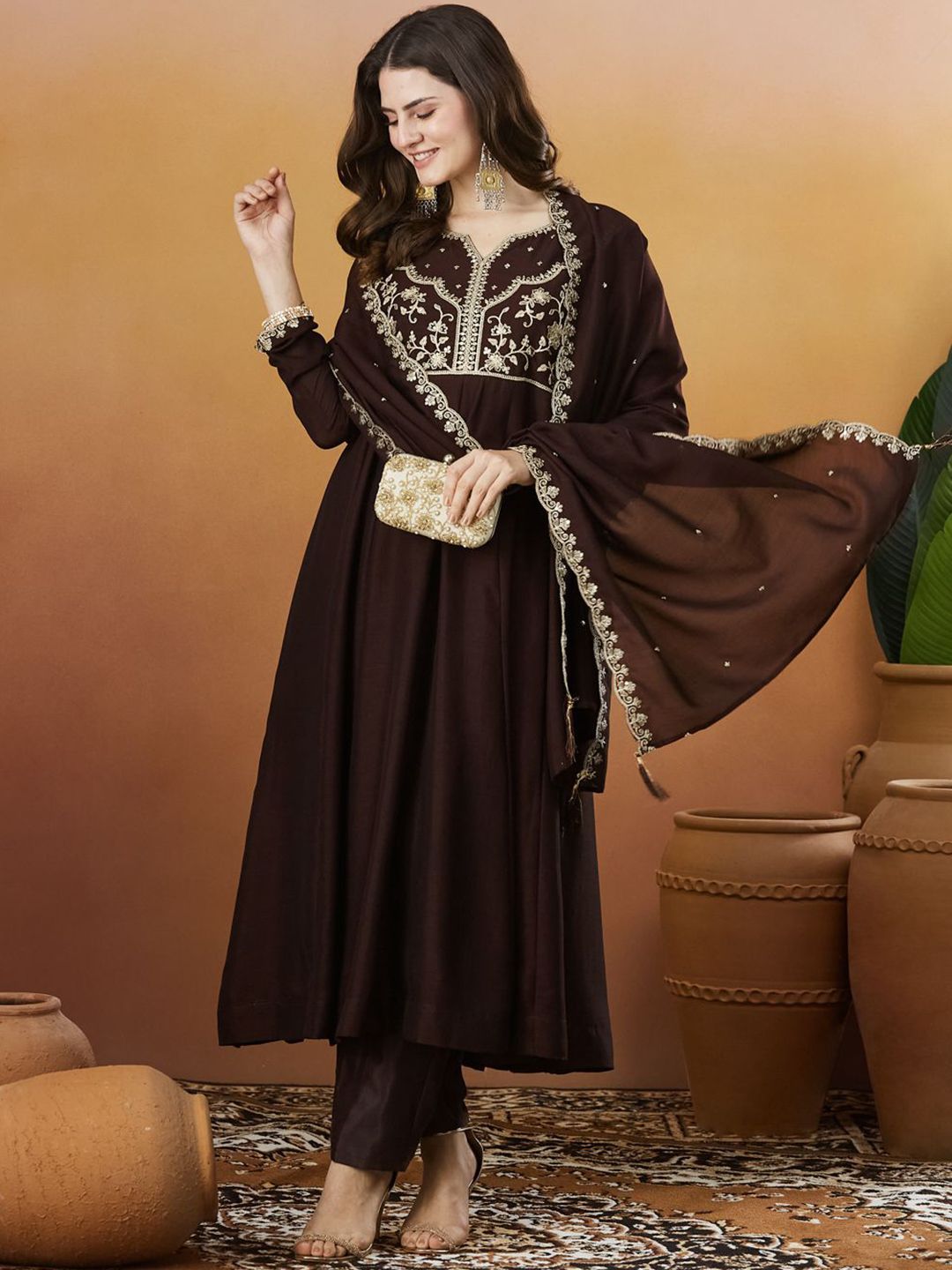Brand Hill Women Ethnic Motifs Embroidered Empire Thread Work Dupion Silk Kurta with Trousers & With Dupatta-picture-27