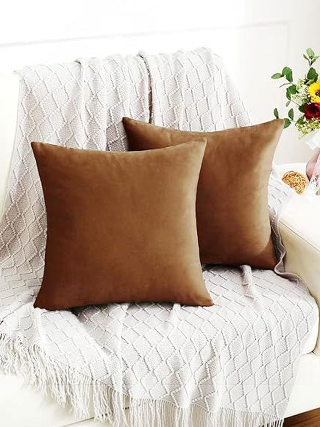 KNOTTING HOME Brown Set of 5 Velvet Square Cushion Covers-picture-27