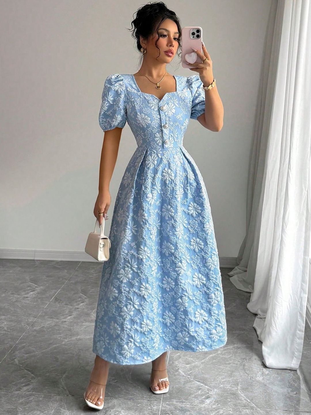 Zucchini Puff Sleeve Fit & Flare Midi Dress-image-48