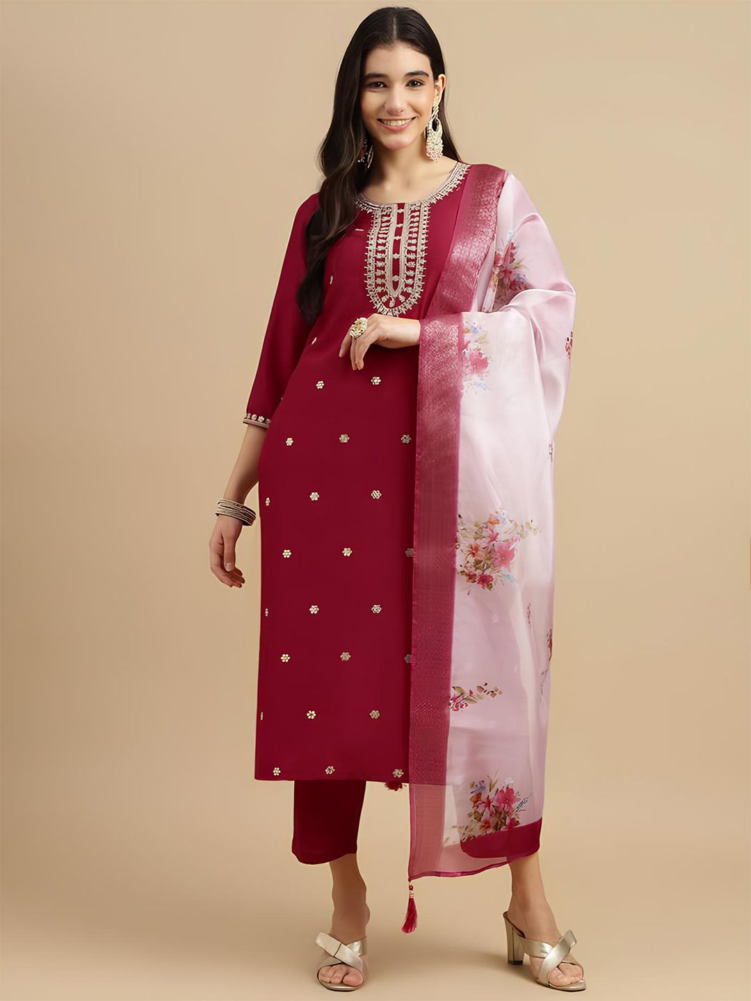 VISOKA Women Ethnic Motifs Embroidered Regular Thread Work Kurta with Trousers & With Dupatta-picture-32