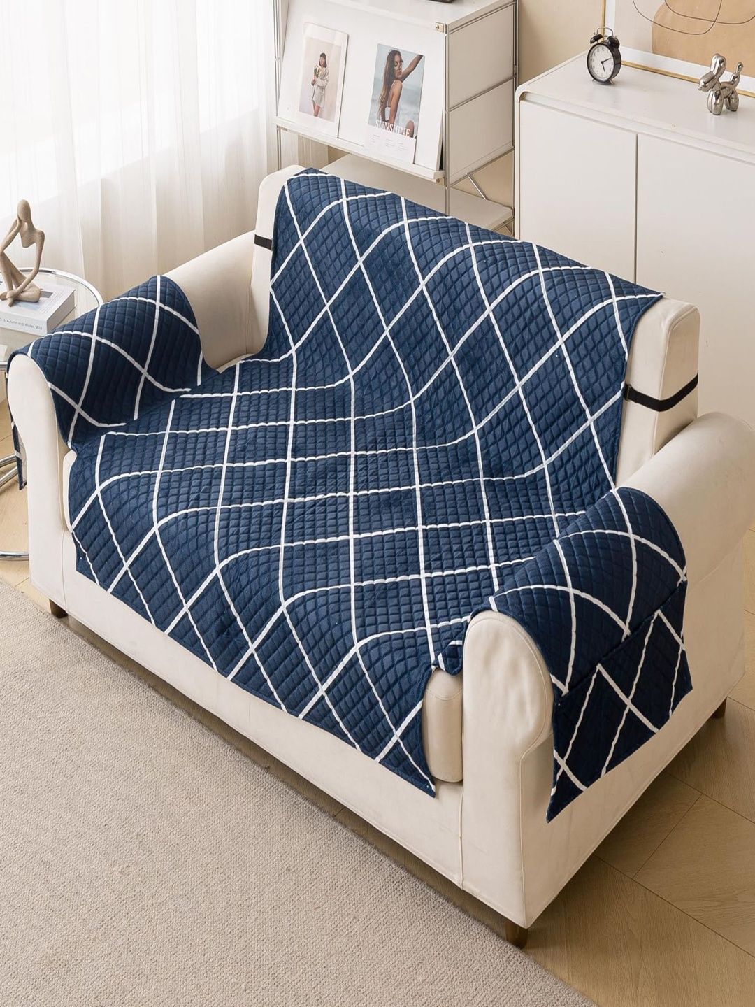 HOUSE OF QUIRK Blue & Navy Blue Printed Sofa Cover With Arms-image-20