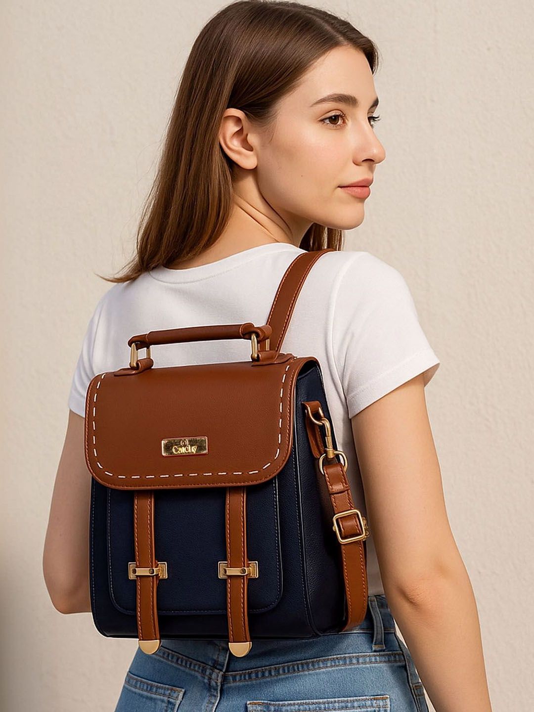 CATCHY Women Colourblocked Contrast Detail Backpack-picture-33