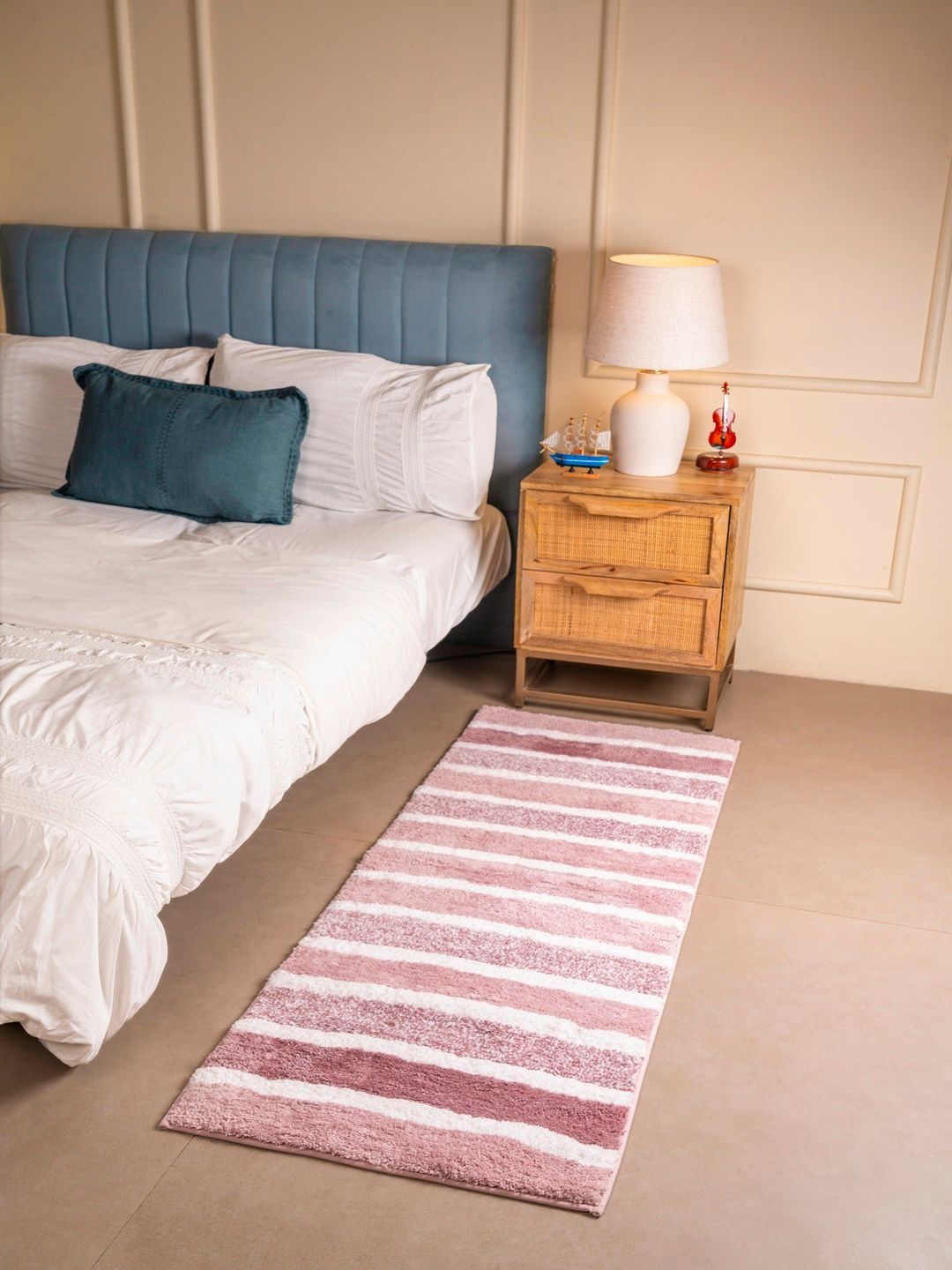 RALIA HOMES White & Pink Striped Anti-Skid Bedside Floor Runner