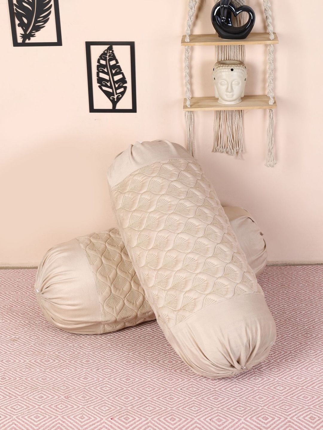 TANLOOMS 2Pcs Cream-Colored Velvet Superfine Decorative Leaf Embroidery Bolster Covers-image-14