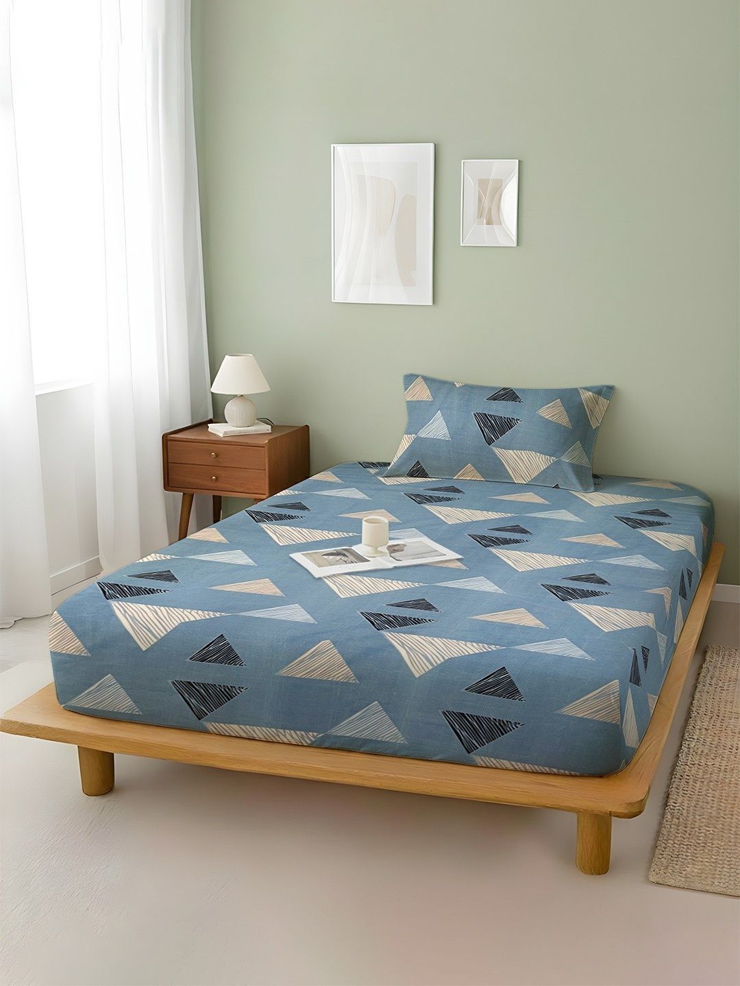 WEAVE AND DECOR Blue Geometric 300 TC Single Bedsheet with 1 Pillow Covers-image-43