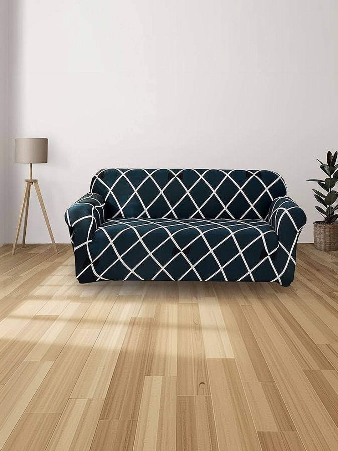 Furshine Blue & Navy Blue Printed Polyester 1 Piece Sofa Cover With Arms-image-9