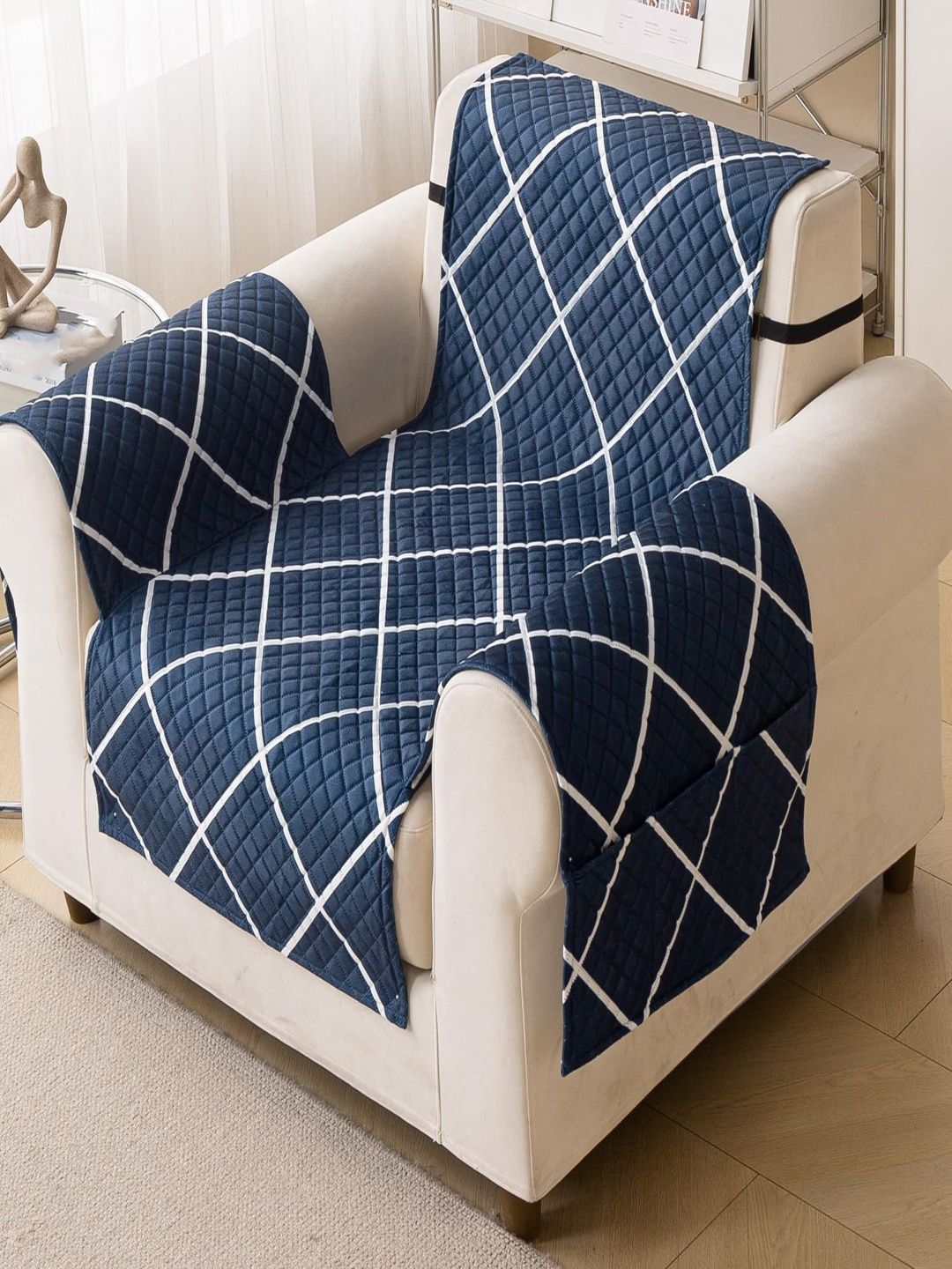 HOUSE OF QUIRK Blue & Navy Blue Printed Sofa Cover With Arms-picture-43