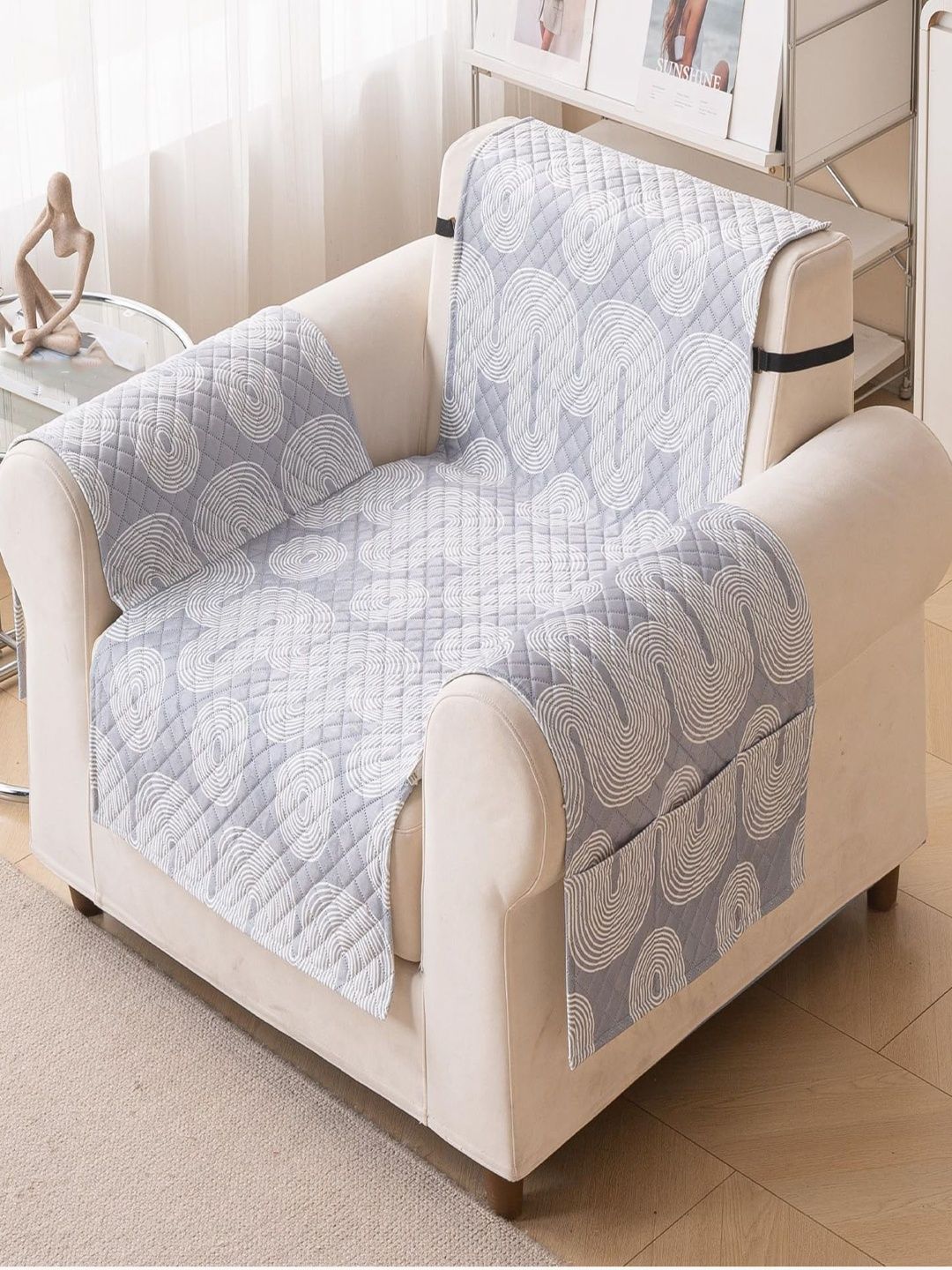 HOUSE OF QUIRK Grey & Grey Printed Sofa Cover With Arms-picture-50