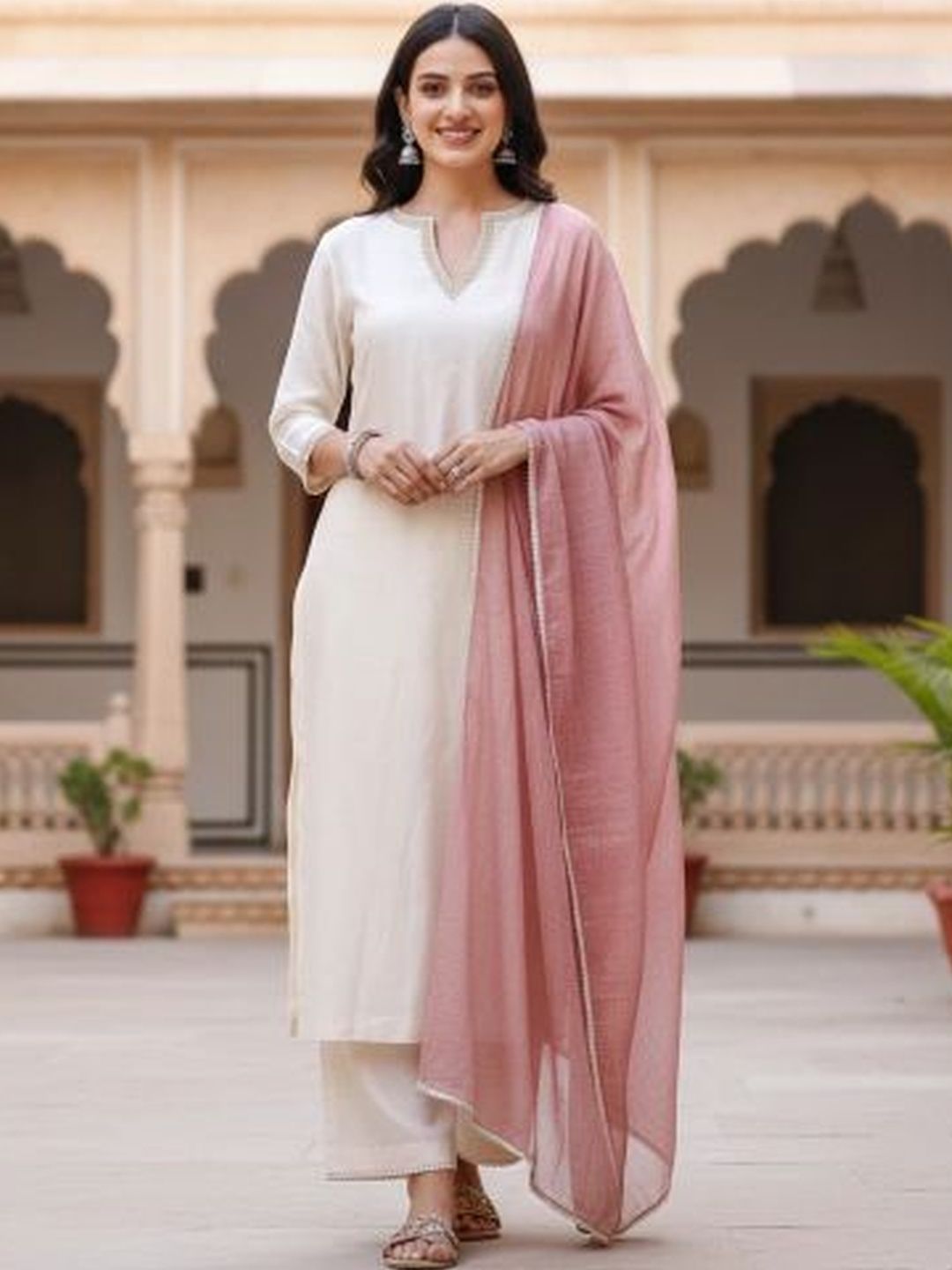 AG TEXTILE Women Regular Thread Work Kurta with Palazzos & With Dupatta-image-45