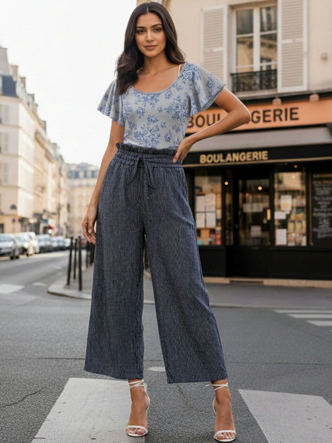 zuri Women Striped Relaxed Straight Leg High-Rise Easy Wash Culottes Trousers-picture-14