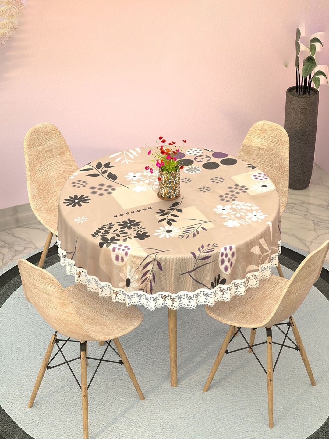 HOMESTIC Brown Floral Anti-Slip Round 4-Seater Table Cover-picture-42