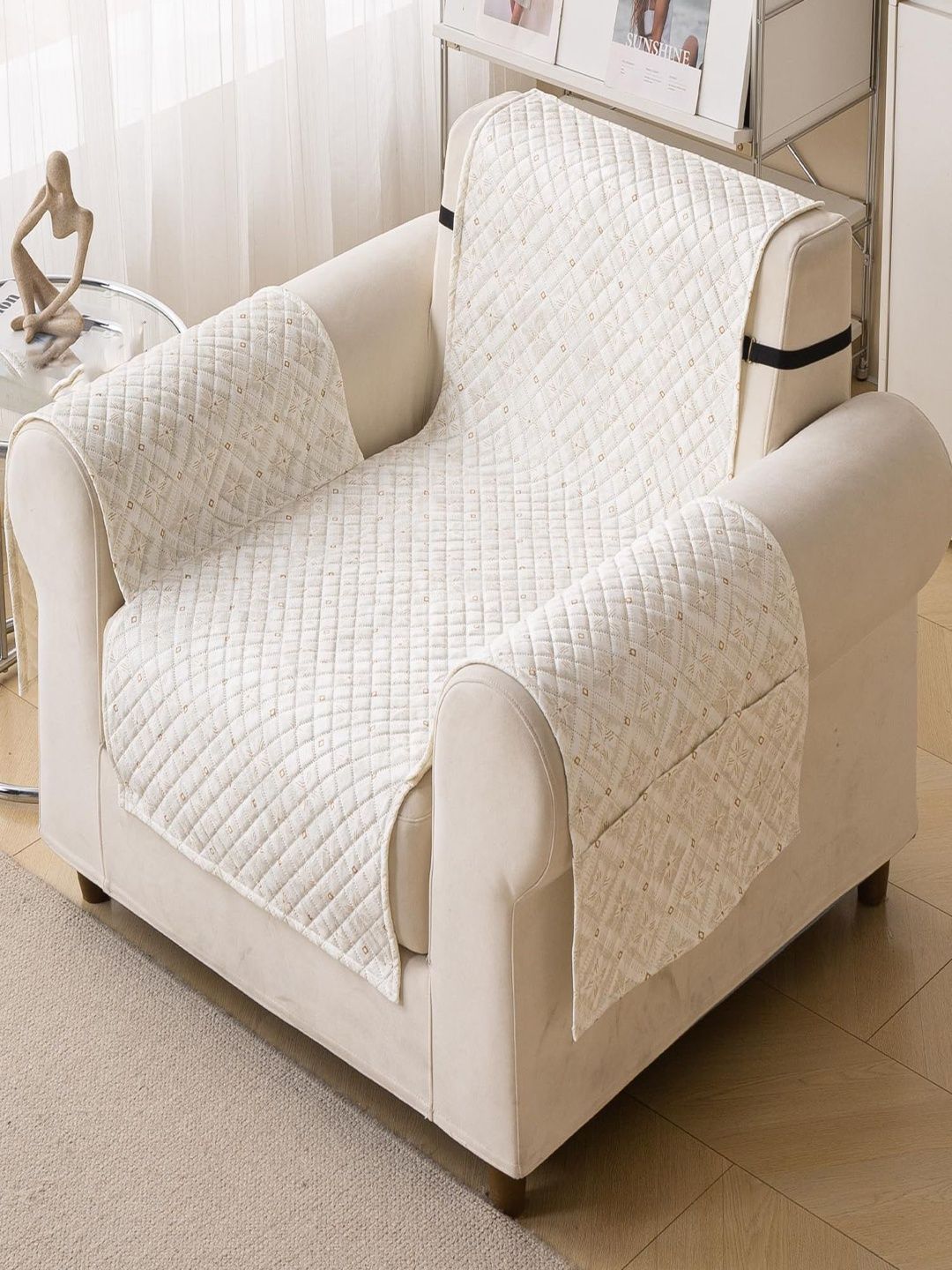 HOUSE OF QUIRK Cream-Coloured & Cream-Coloured Printed Sofa Cover With Arms-picture-48