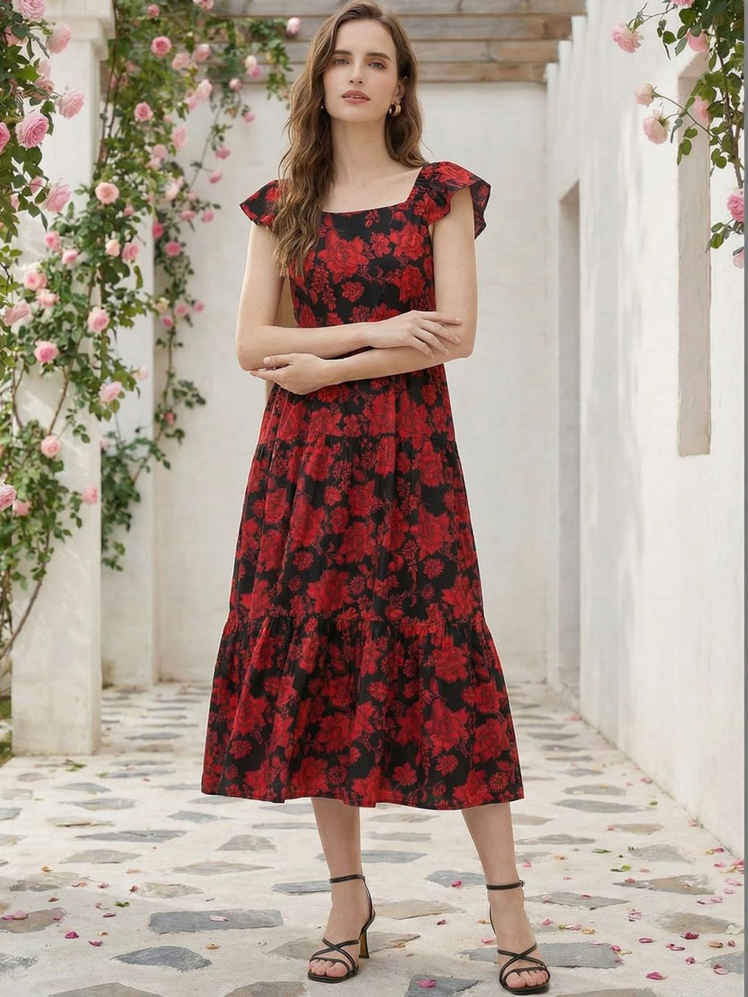 Indo Era Floral Print Flutter Sleeve Maxi Midi Dress-picture-38