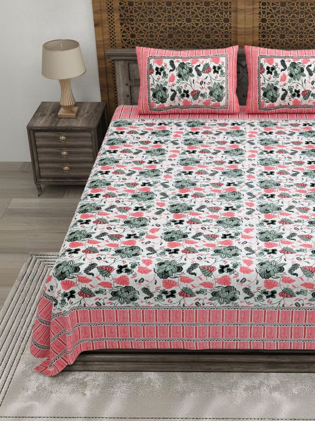 CLOTHOLOGY White & Green Floral 180 TC King Bedsheet with 2 Pillow Covers-picture-33