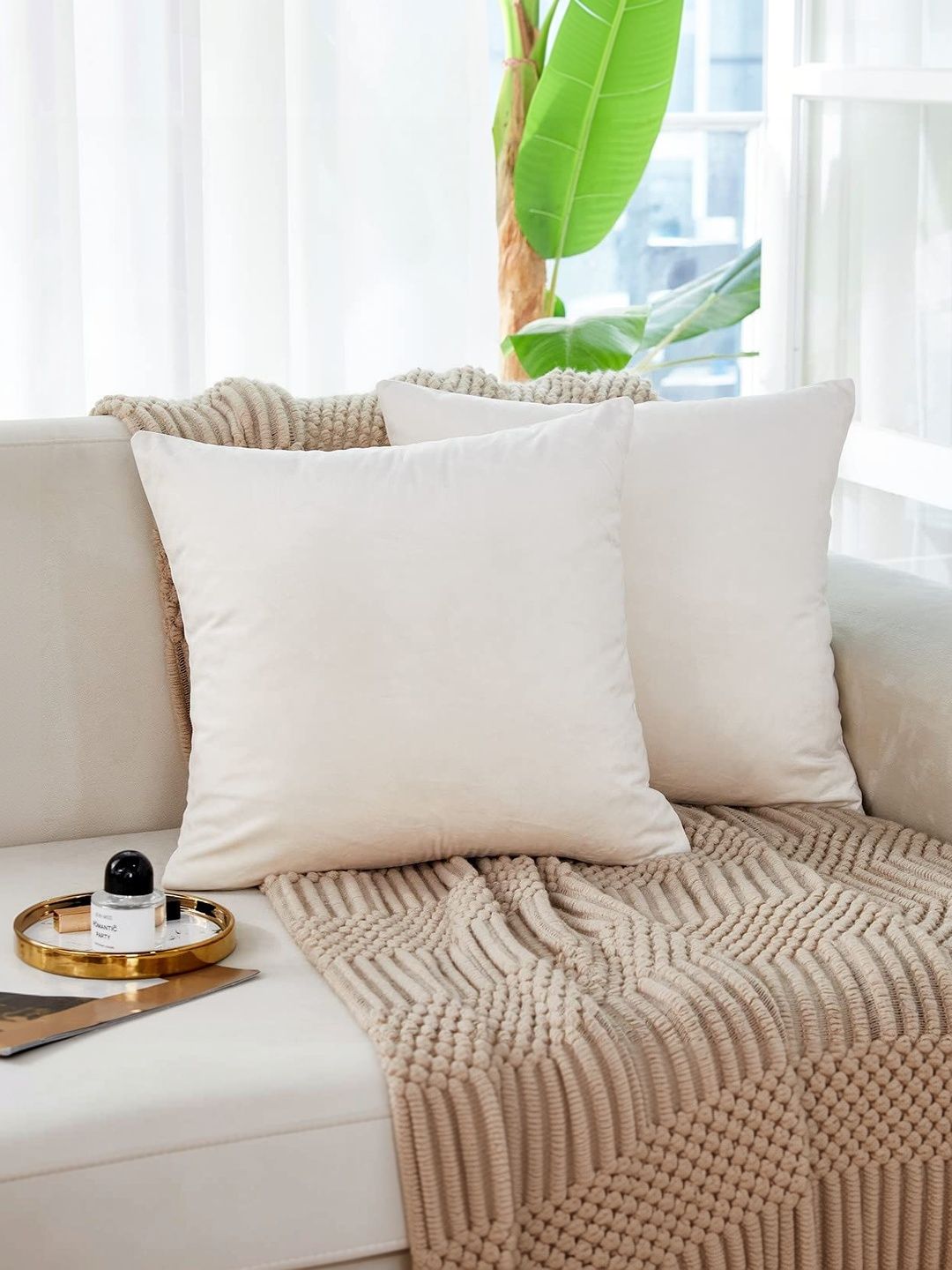 KNOTTING HOME Cream-Coloured Set of 2 Velvet Square Cushion Covers-image-14
