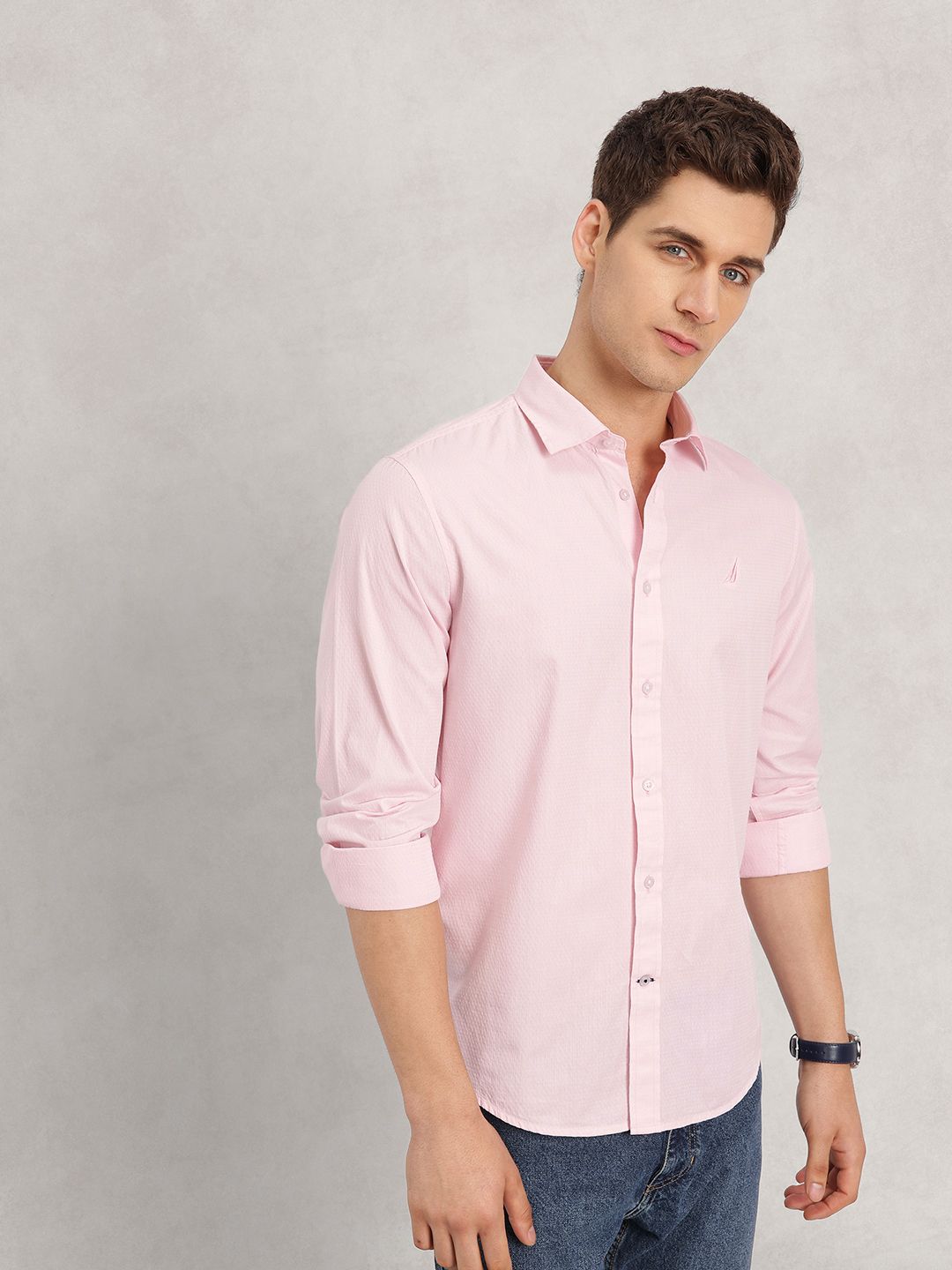 Nautica Slim Fit Self Design Textured Pure Cotton Casual Shirt-image-16