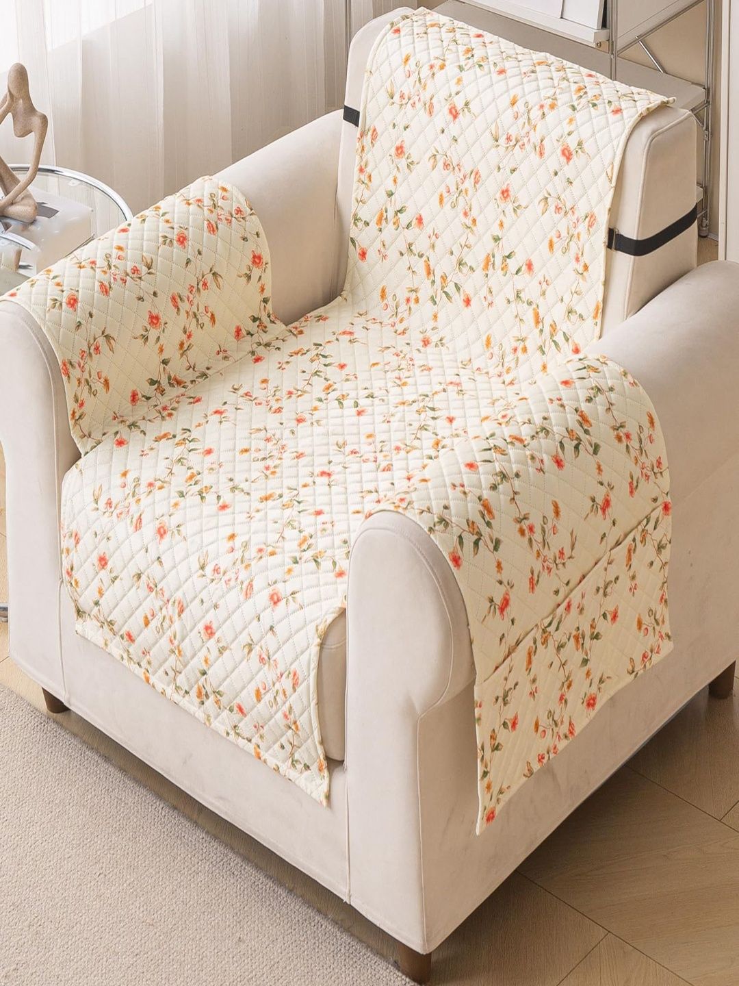 HOUSE OF QUIRK Beige & Cream-Coloured Printed Sofa Cover With Arms-picture-21