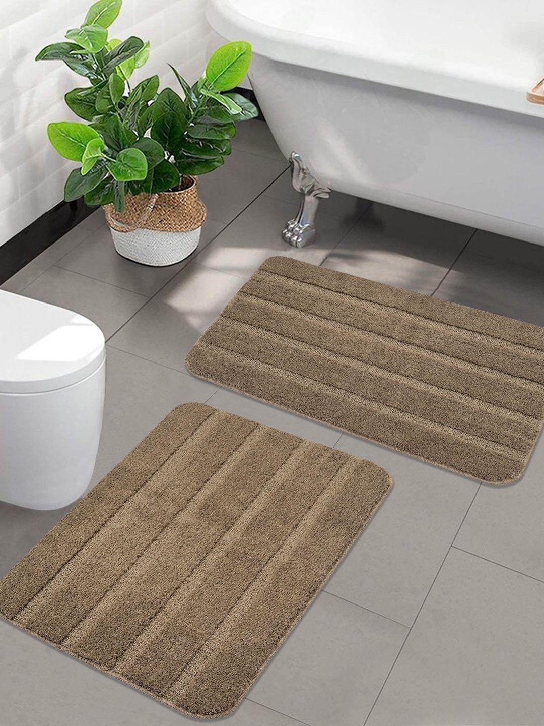 Saral Home 2Pcs Taupe Striped 1300 GSM Microfibre Anti-Skid Bath Rugs-image-42