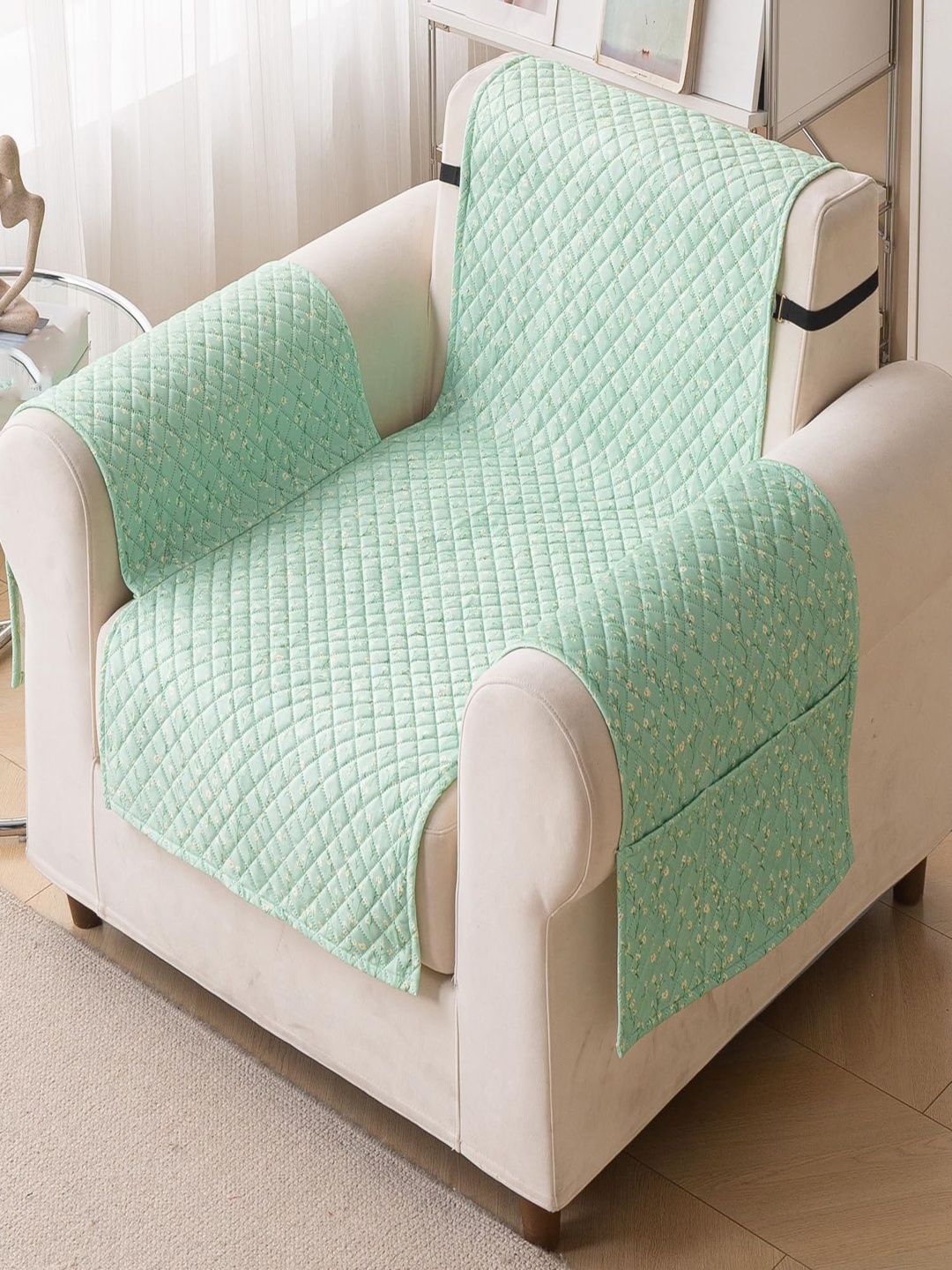 HOUSE OF QUIRK Green & Sea Green Printed Sofa Cover With Arms-image-27