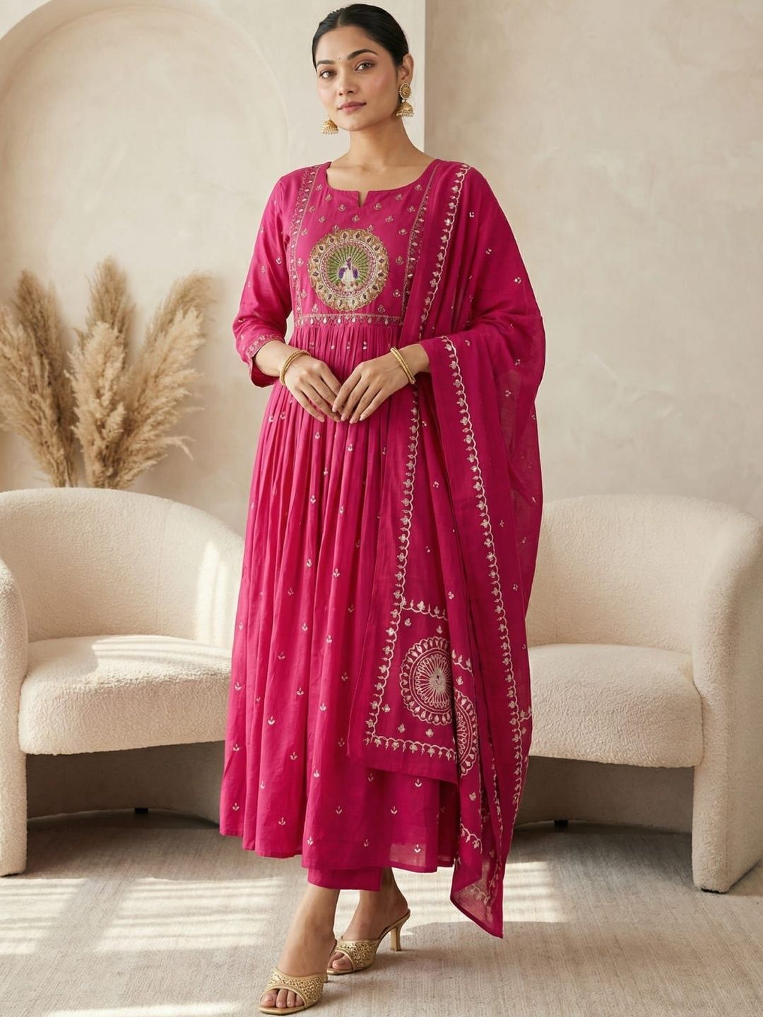 KRISHNA KURTIES Women Ethnic Motifs Embroidered Regular Sequinned Pure Cotton Kurta with Trousers & With-picture-14