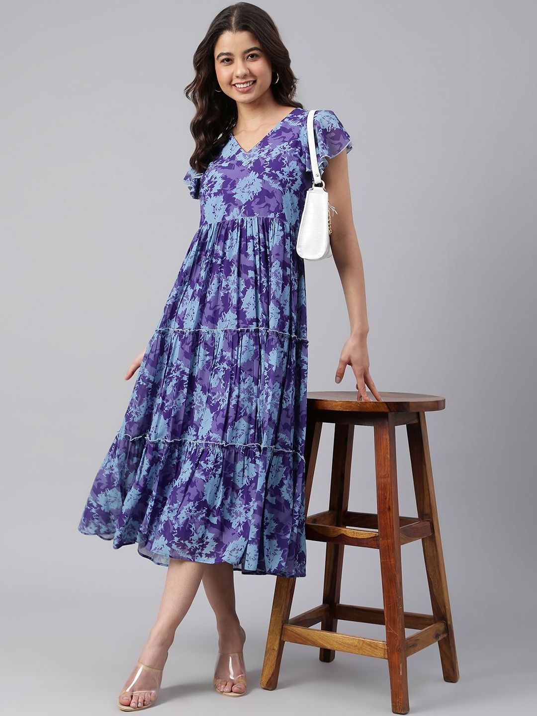 THREAD BOX Floral Print Flutter Sleeve Georgette Fit & Flare Midi Dress-picture-10