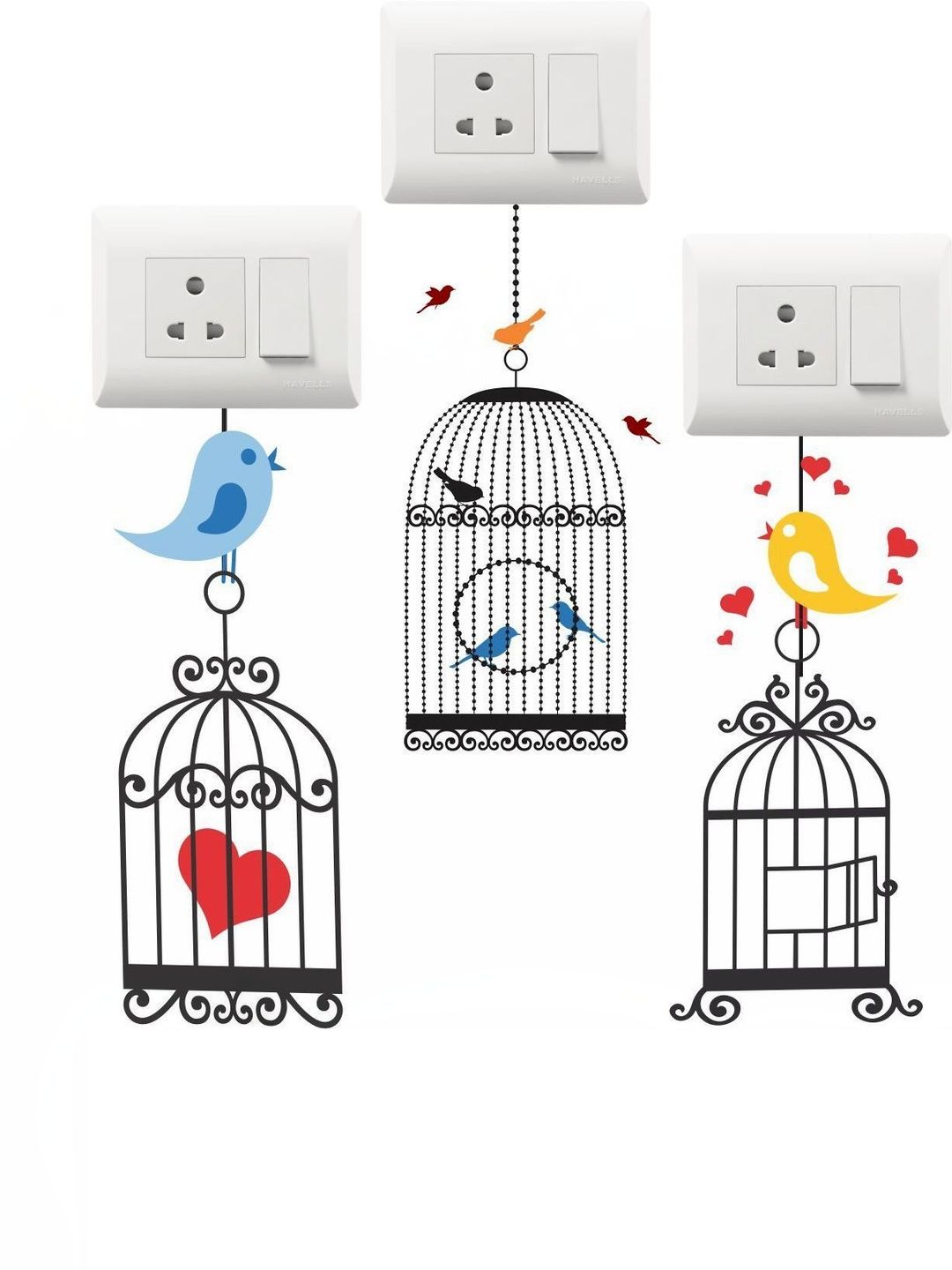 Sai Designs Set Of 3 Black & Red Birds In Cage Printed Decorative Switch Board Stickers-picture-21
