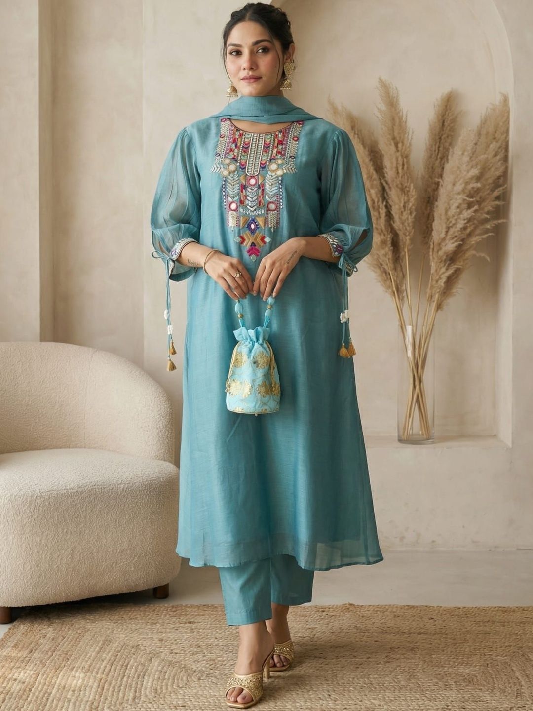 KRISHNA KURTIES Women Ethnic Motifs Embroidered Regular Mirror Work Chanderi Silk Kurta with Trousers & With-picture-30